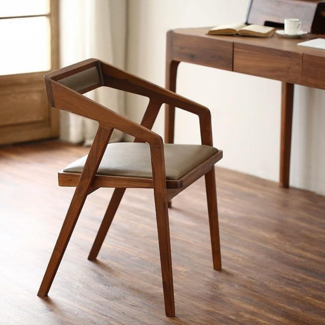Md Decor Solid Sheesham Arm Chair Modern Furniture Off Games Wooden High Chair Pu Leather Cushion for Kitchen | Living Room | Office | Cafe (Natural)-image-7