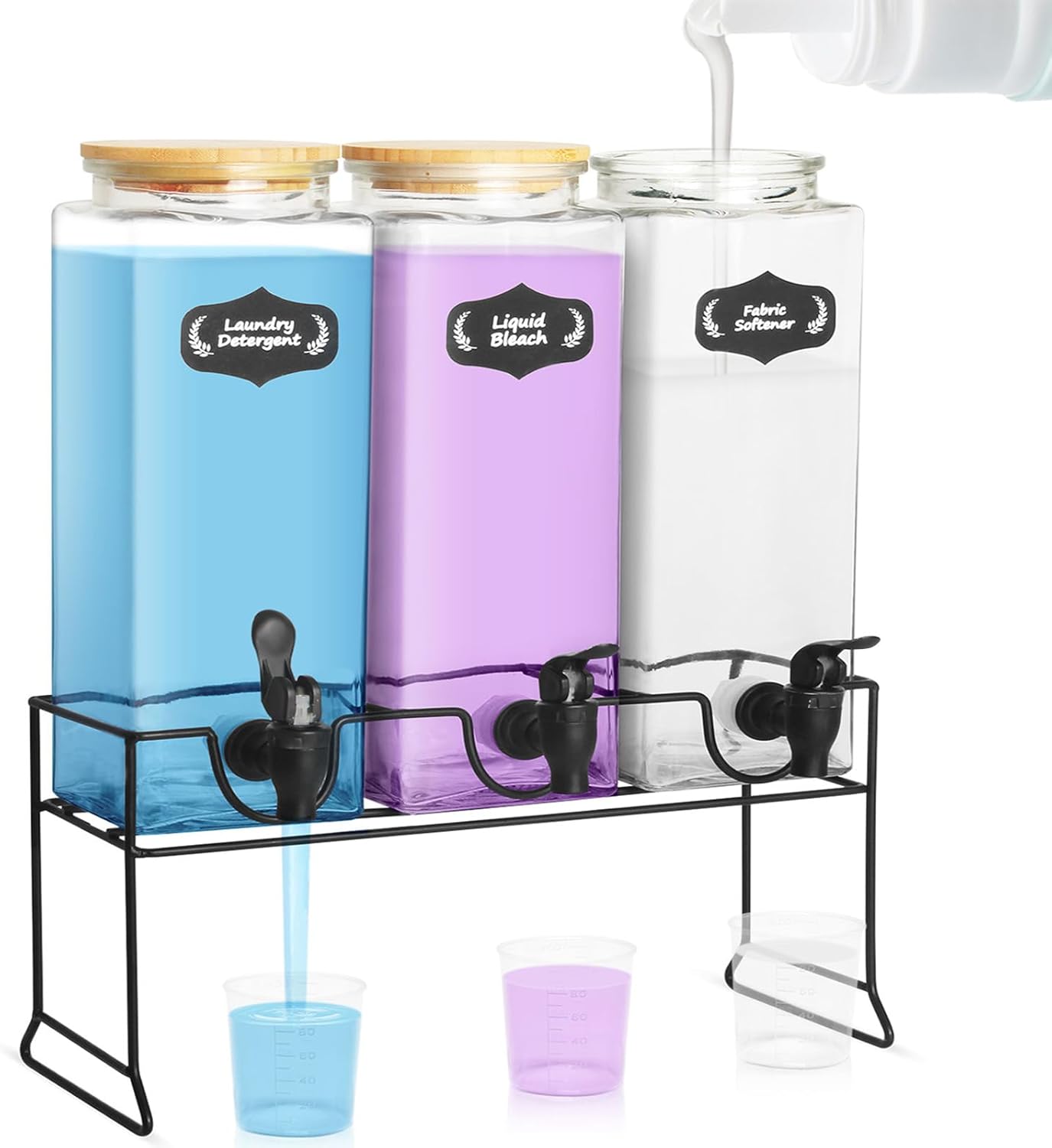 3 Sets 2.2L Laundry Detergent Dispenser with Stand, Measuring Cup, Liquid Laundry Detergent Dispenser Glass Jar, Fabric Softener Laundry Soap Dispenser for Laundry Room Organization Container