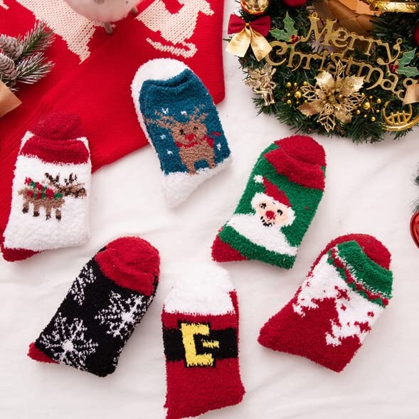 Image of Women Christmas Holiday Socks Warm Winter Cozy Fuzzy Socks Family Elk Snowflake Santa Patterns Crew Socks Gift