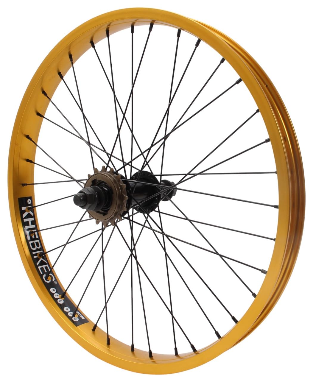 KHE Prism BMX tylne koło 20 cali – złote – oś 14 mm – zębatka 16T – 36H – 7005 aluminiowa felga 38 mm – rower biegowy BMX z tyłu