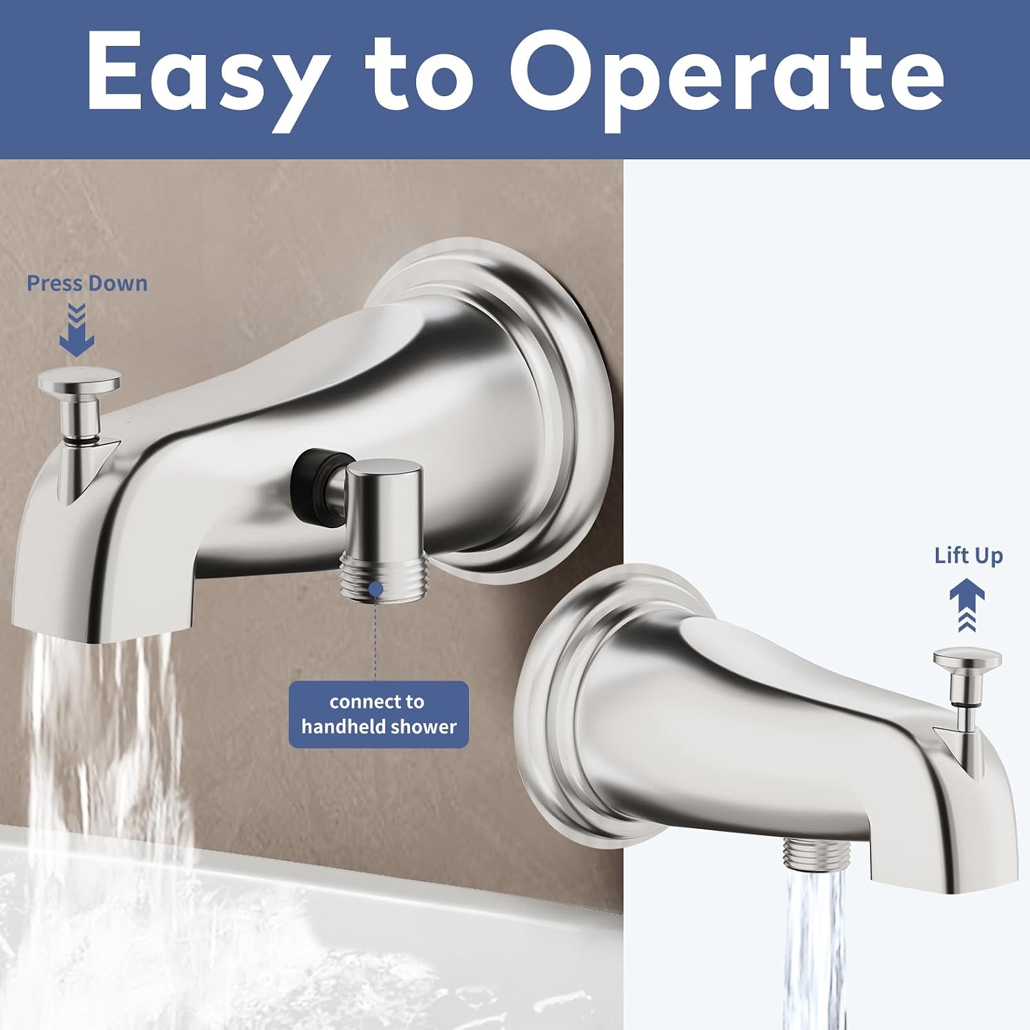 SINGSUO Bathtub Faucet with Sprayer, Filtered Shower Head Attaches to Tub Faucet, Metal Tub Tap with Sprayer, Bathtub Shower Attachment with 3 Adapters, 3-Mode Shower Head with ON/OFF (Brushed Nickel)