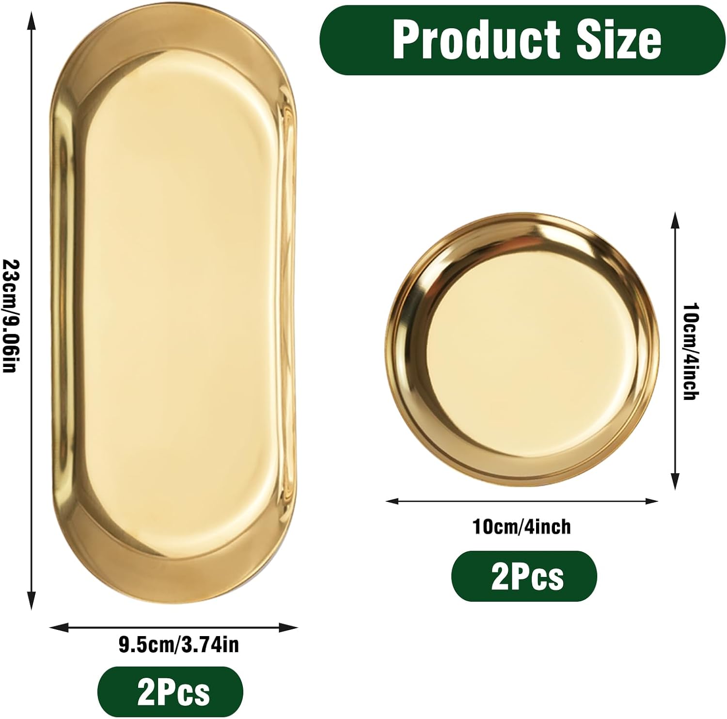 4Pcs Gold Decorative Tray, Stainless Steel Bathroom Vanity Tray, Oval+Round
