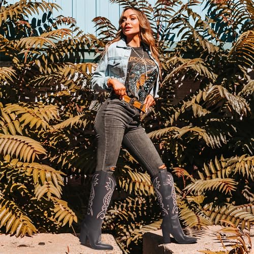 Image of VOMIRA Knee High Cowboy Boots for Women Pointed Toe Chunky High Heels Pull-on Embroidered Boots Western Boots Wide Calf Cowgirl Boots