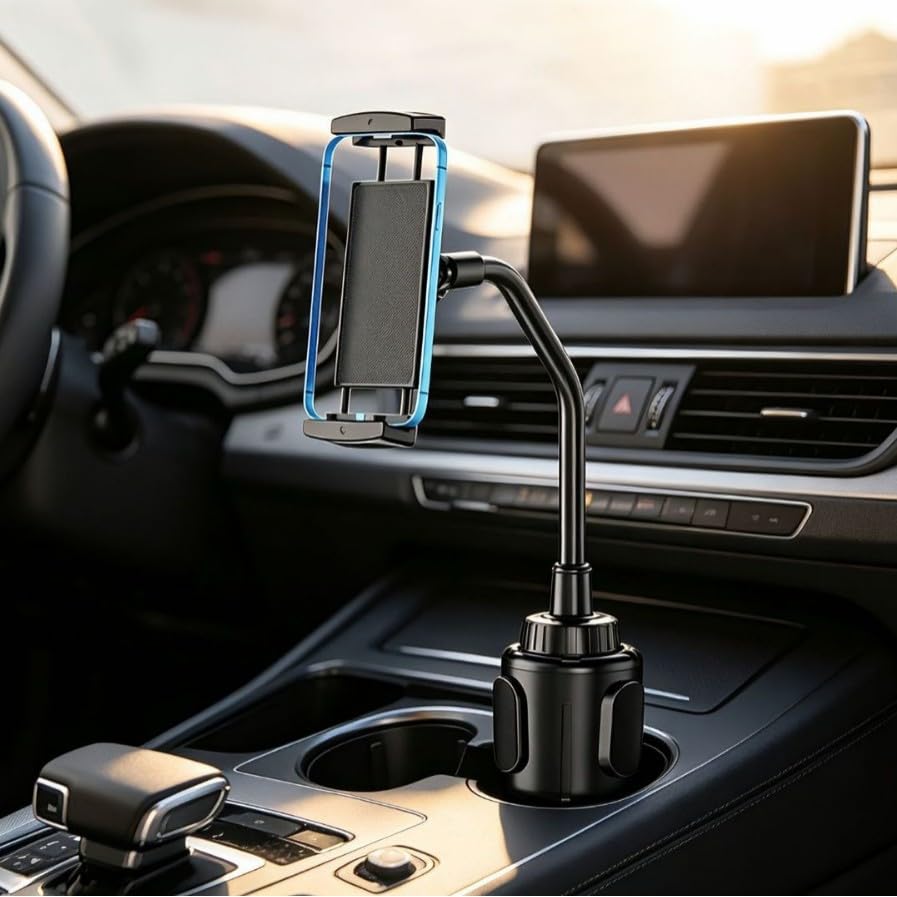 Auto-Tablet-Halterung, Schwanenhals-Tablet- und Getränkehalter fürs Auto, 360° drehbar für die meisten flachen Mittelkonsole im Auto sowie für 4-12,9 Zoll Smartphones und Tablets