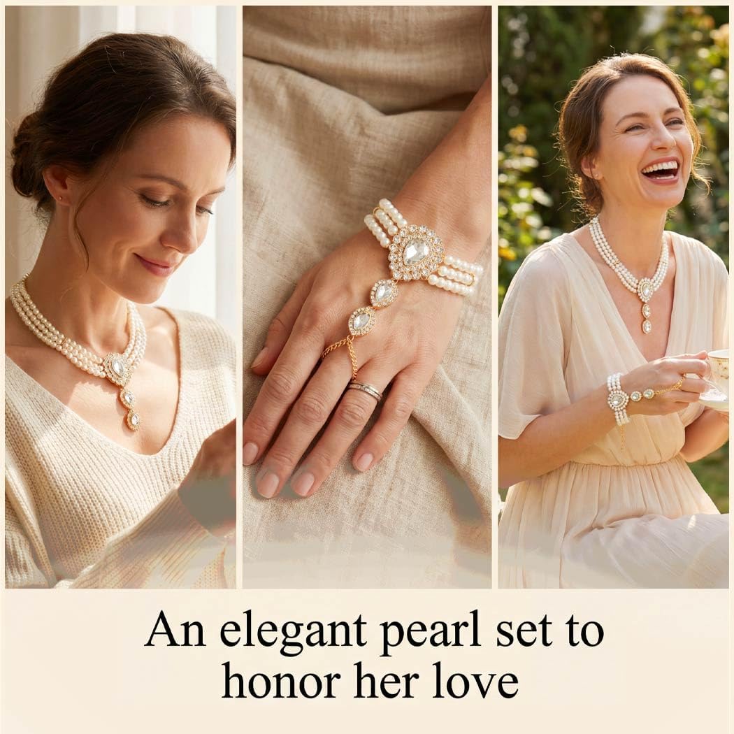 Brishow Pearl Choker Necklaces Set Green Crystal Bridal Jewelry Sets for Wedding Layered Pearl Costume Jewelry Bracelets Set for Women - Image 4