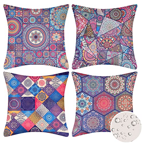 4 Stück wasserdichte Kissenbezüge 40cm x 40cm Leinen Dekokissenbezug Hippie Böhmischen Mandala Zierkissen Dekorativ Kissenhülle für Outdoor Balkon Terrasse Patio Garten Bauernhaus Cover