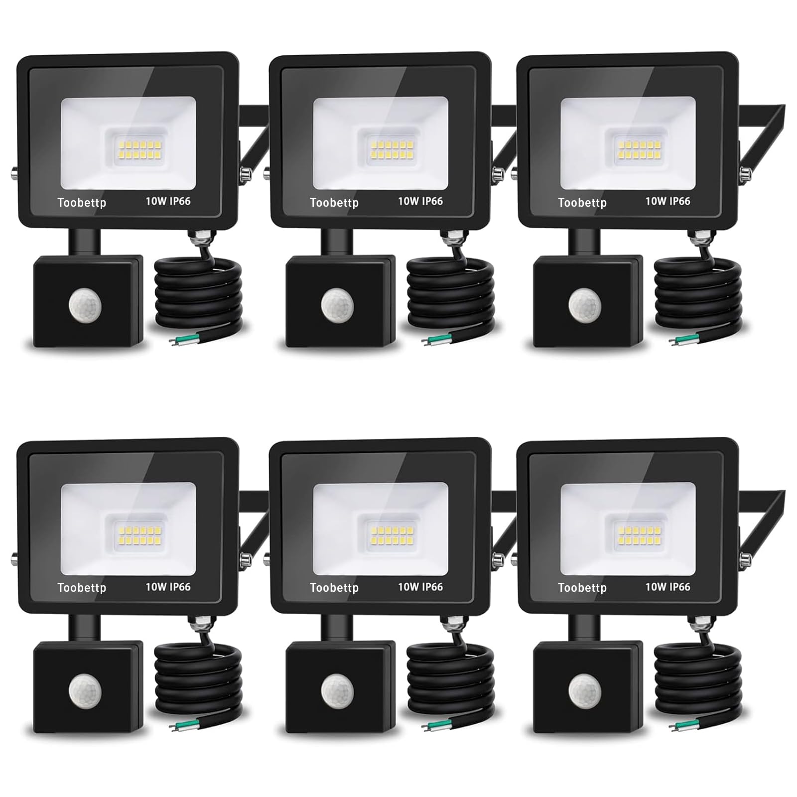 Foco LED de 10 W con detector de movimiento para exteriores, superbrillante, 3500 K, 1000 lúmenes, blanco cálido, foco LED con sensor de movimiento, IP66 impermeable, para jardín, patios, 6 piezas
