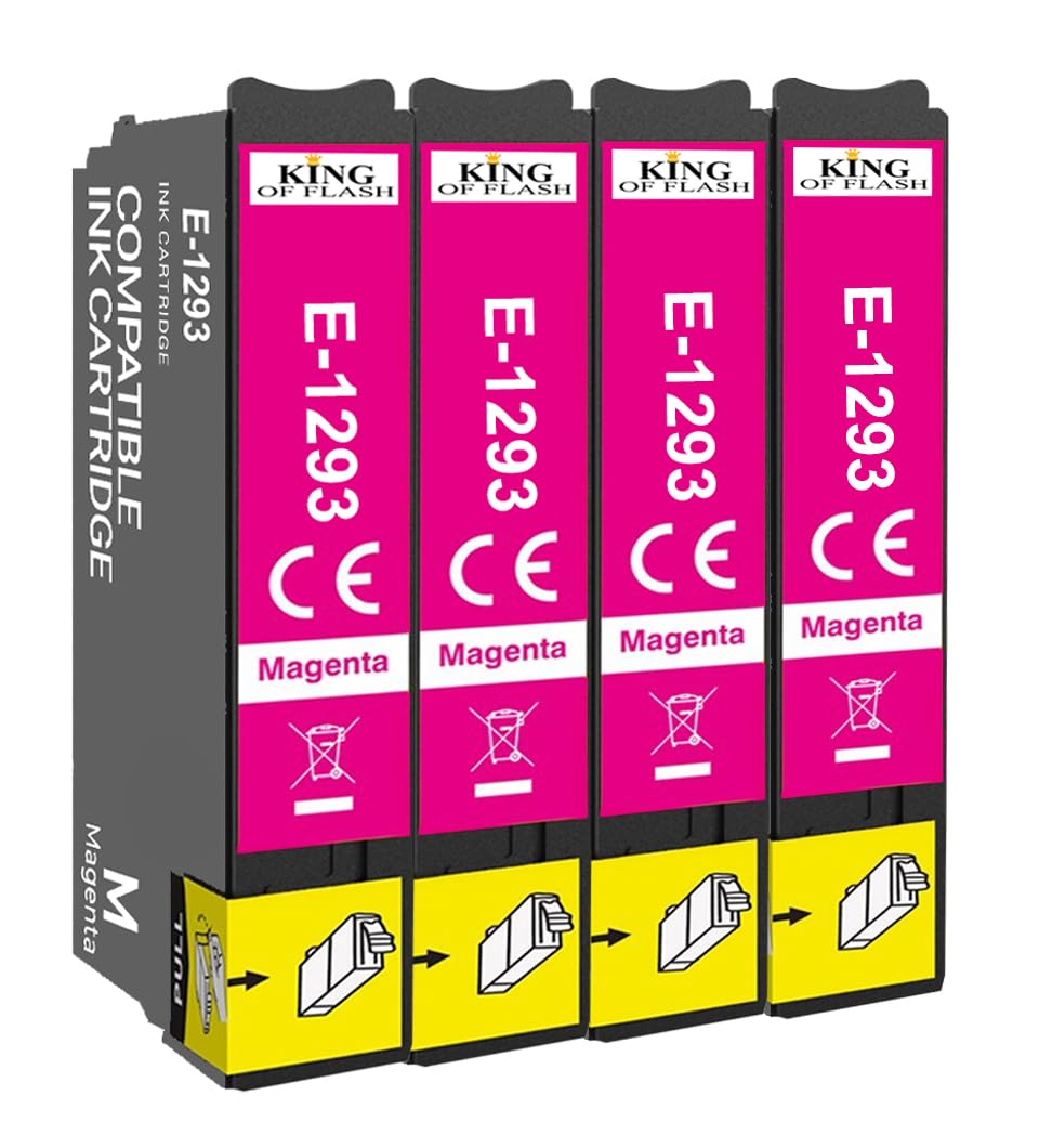 KING OF FLASH T1293 4 Magenta Ink Cartridges Replacement for Epson T1293, Compatible with Epson SX435W, SX235W, WF-3520, WF-3540, WF-7515, WF-7525, SX425W, SX445W, SX535WD, BX305FW