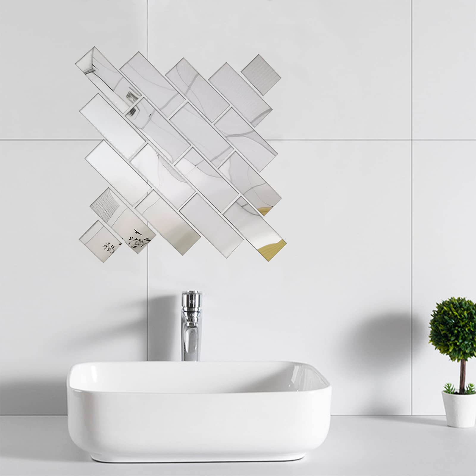 21 Pcs Removable Acrylic Mirror Setting, Mirror Wall Stickers Decal for Living Room Bathroom Decor, Self Adhesive (6x15, Silver)