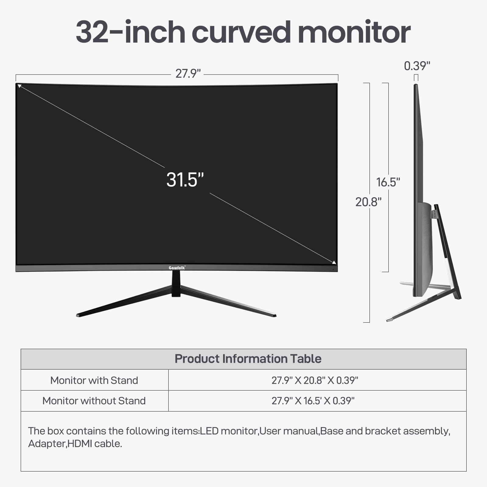 Gawfolk Monitor PC 32 pollici 75Hz, schermo PC curvo Full HD 1080P, monitor computer 2800R senza cornice con tecnologia Eye Care, HDMI VGA, supporta VESA