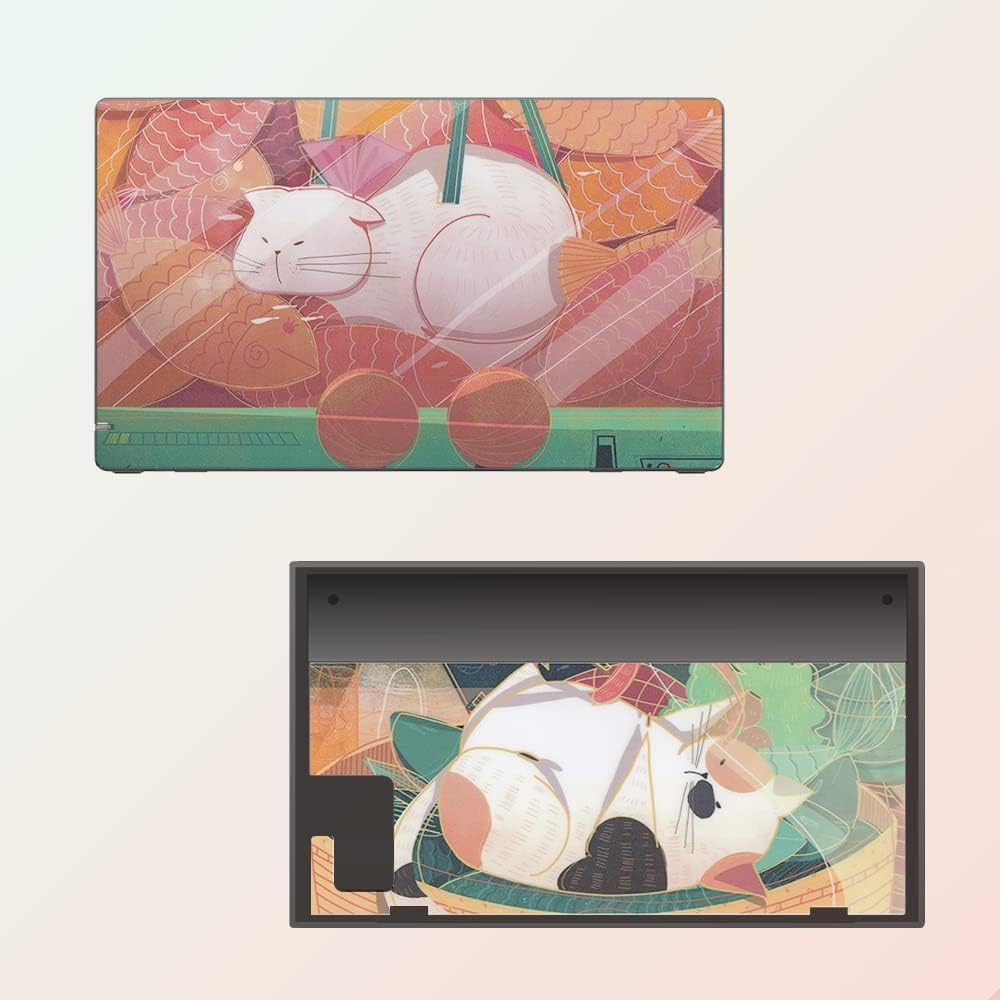 BelugaDesign Peau de commutateur de Gros Chat | Autocollant Pastel Wrap Vinyle | Cute Kawaii Animal Leaves Cartoon Ensemble Complet Compatible avec Nintendo Switch (Switch Standard, Multicolore)