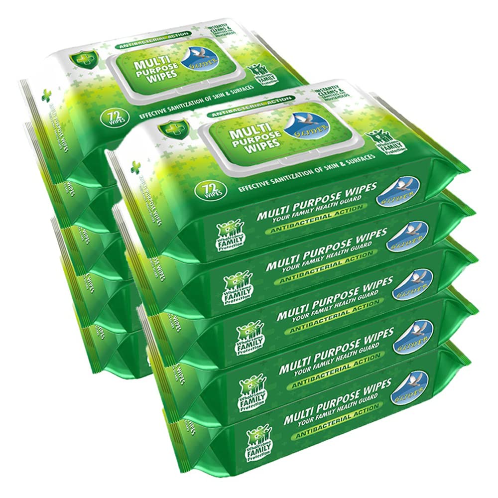 Glider Multipurpose Skin and Surface Wipes with Flip-Top | Gentle & Effective Cleaning | Removes Dirt, Germs & Impurities | (Pack of 10 – 720 Wipes)