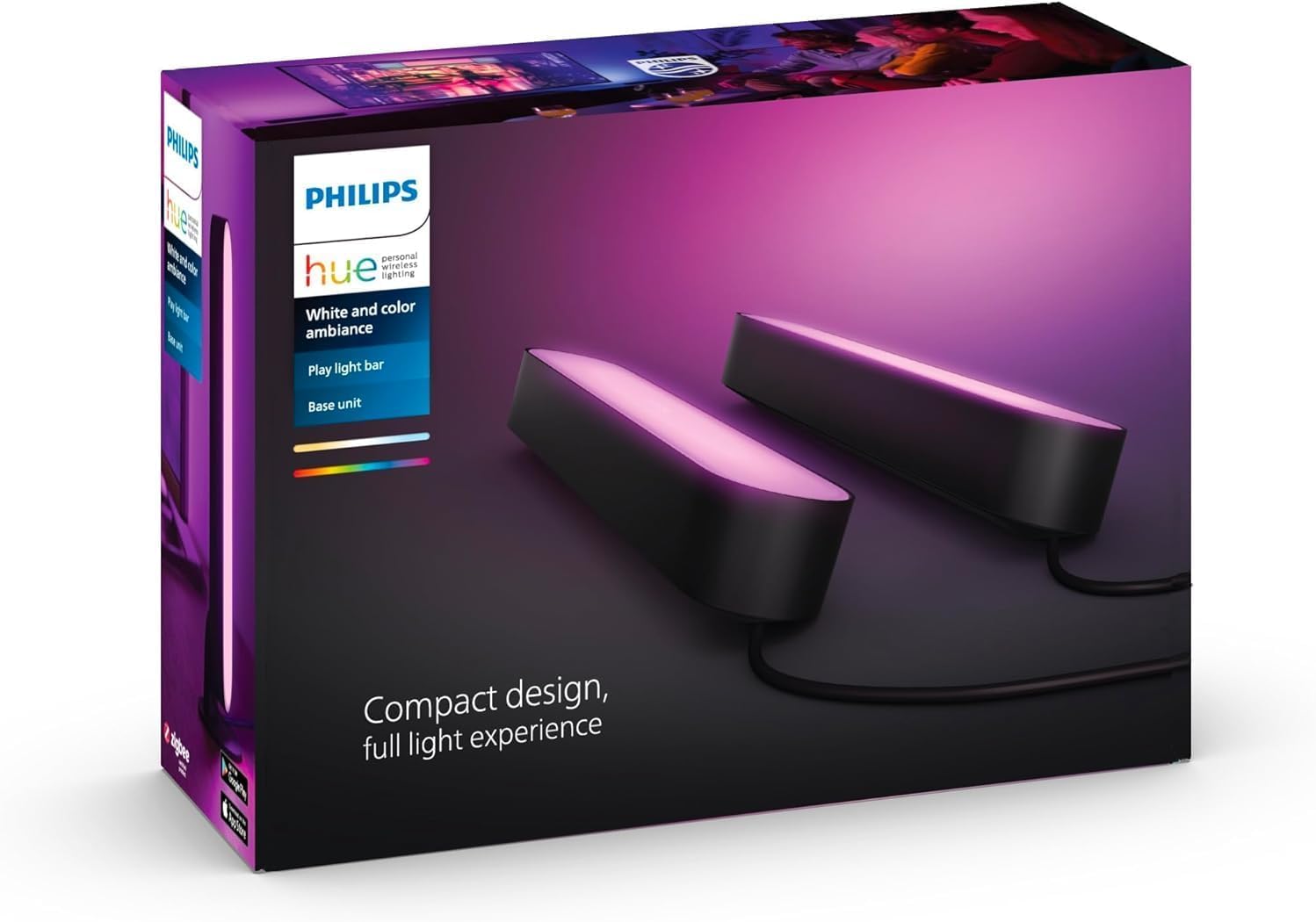 Philips Hue Philips Hue Play White and Color Ambiance Barre lumineuse LED connectée, Pack de 2, unité de base, Barre LED pour TV et gaming (Compatible avec Alexa, Google Assistant et Apple HomeKit), Noir