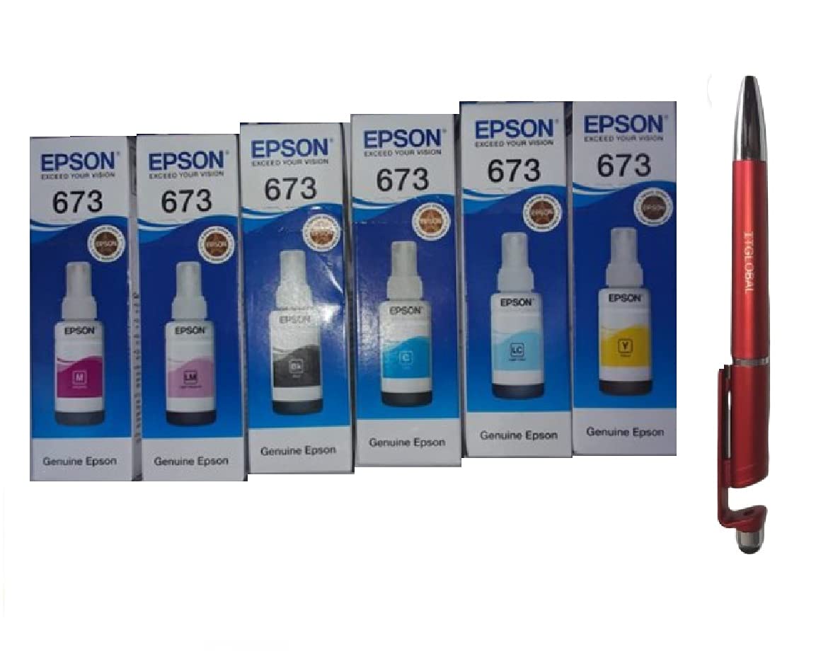 Epson 673 Ink Bottle B/C/Y/M/Lc/Lm (Set Of 6) With Itglobal 3In1 Multi-Function Mobile Phone Stand, Stylus Pen, Anti-Metal Texture Rotating Ballpoint Pen (Very Colors) T673 T 673 Smartphone