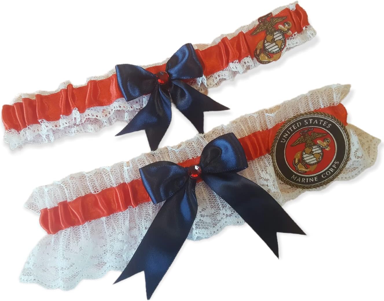 Handcrafted Red, Navy Blue & White Wedding 2pc Garter Set Made Using Marines Fabric