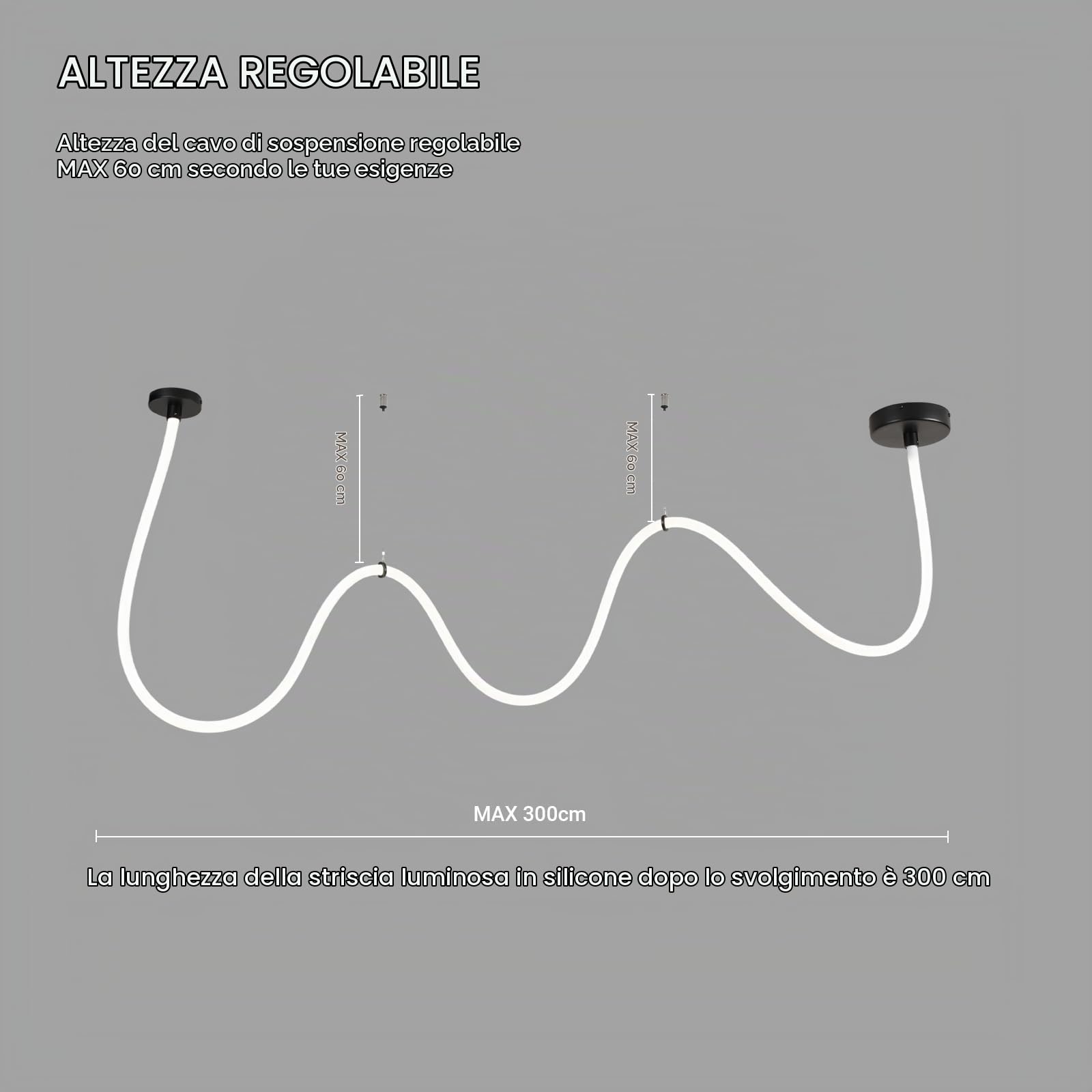 Lampada a sospensione LED regolabile da 300 cm con tubo in silicone e telecomando - 3 temperature di colore (3000K-6000K), 68 W, design flessibile per camera da letto, soggiorno e spazi commerciali