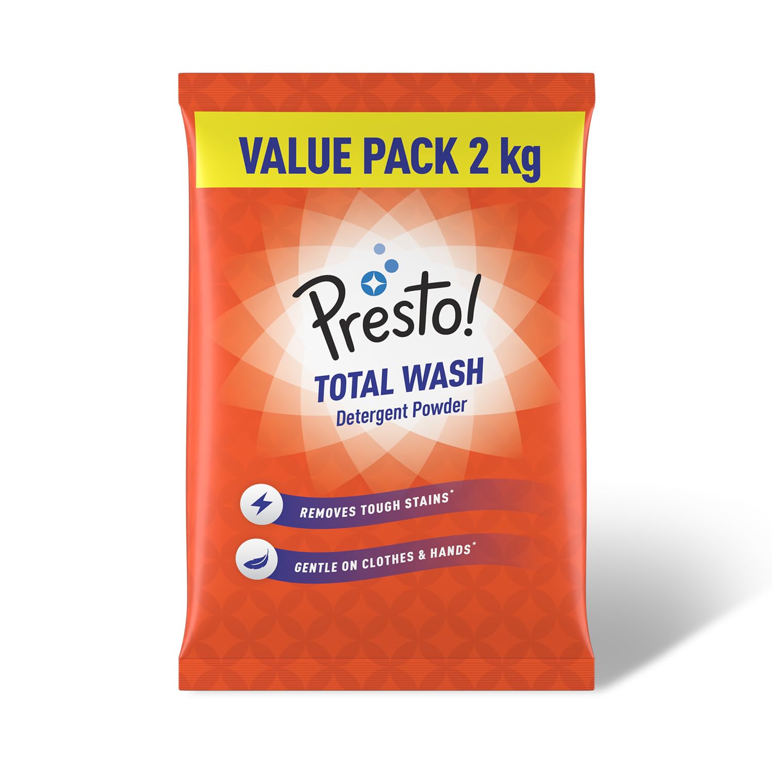Amazon Brand - Presto! Total Wash Detergent Powder | 2 Kg | Tough On Stains | Gentle On Fabrics | Refreshing Floral Fragrance | Machine And Hand Wash