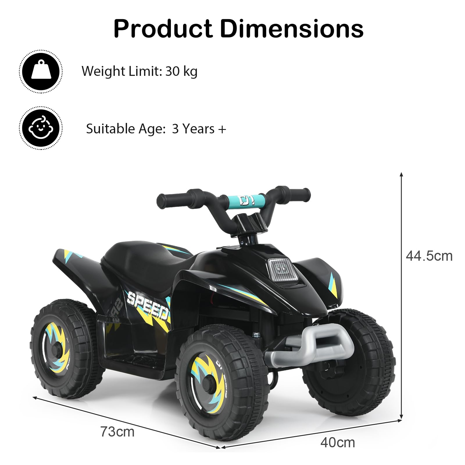 SOARS 6V Elektro Quad für Kinder, 2,8-4,6 km/h, Quad mit Vorwärts-, Rückwärtsfunktion, Elektrofahrzeug, Kinderfahrzeug für Kinder ab 3 Jahren, 73 x 40 x 44,5 cm (Schwarz)