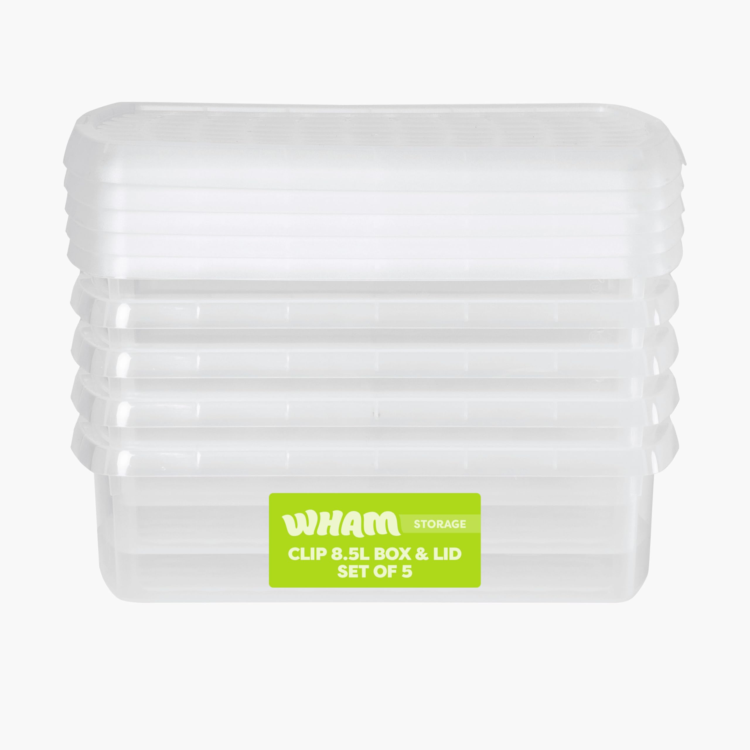Wham Clear/Clear Clip 5 X 8.5L Rectangular Stackable Plastic Storage Boxes With Lids | Ideal For Home, Office, Toys & More | Storage Containers With Clip Locks | Made In Uk