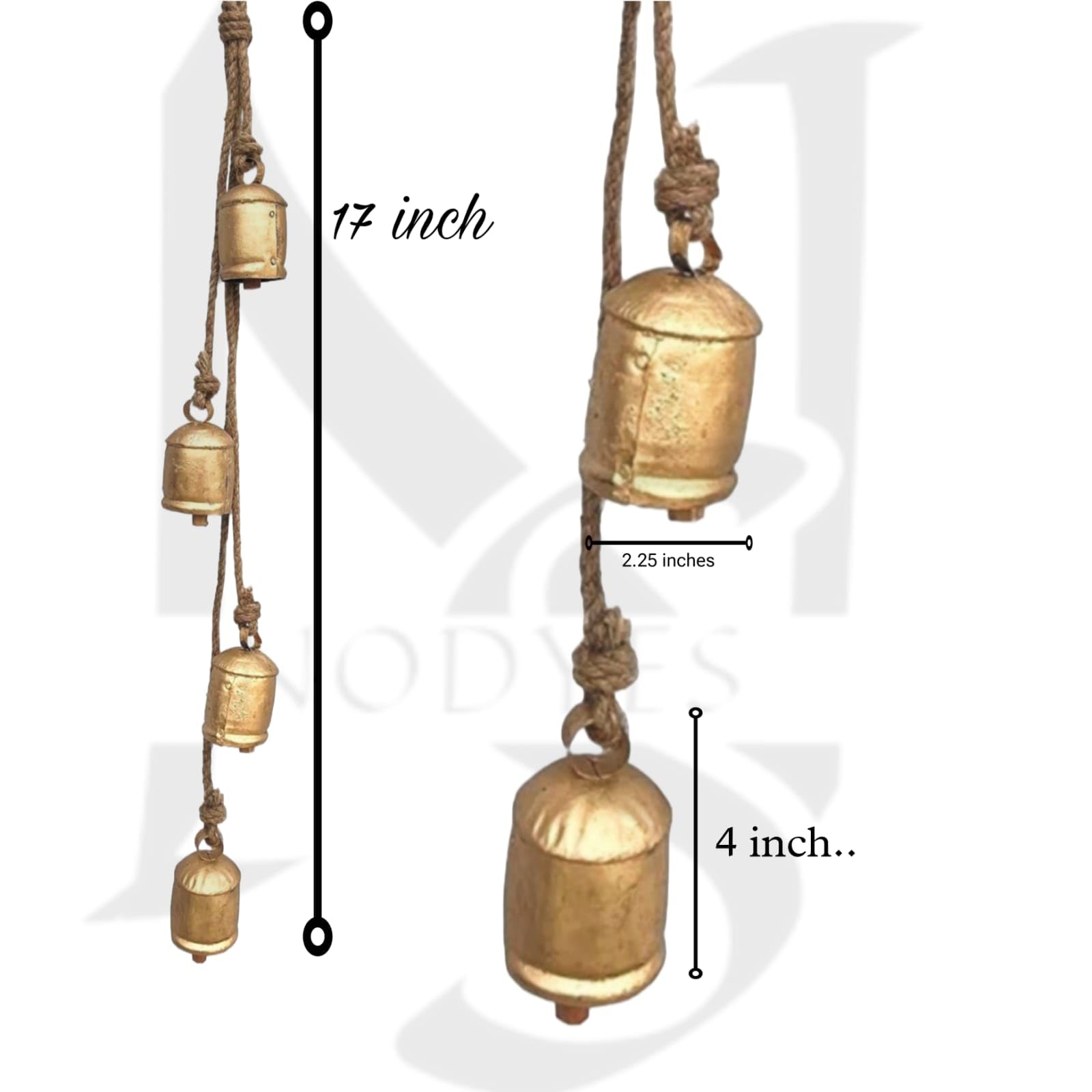 Shabby Chic Bells Set of 4 Hanging Metal Tibetan Inspired Meditation Decorative Cow Bell with Jute Rope Vintage Handmade Lucky Rustic Metal Tranquil Wind Chimes Wall Hanging Decor Gift
