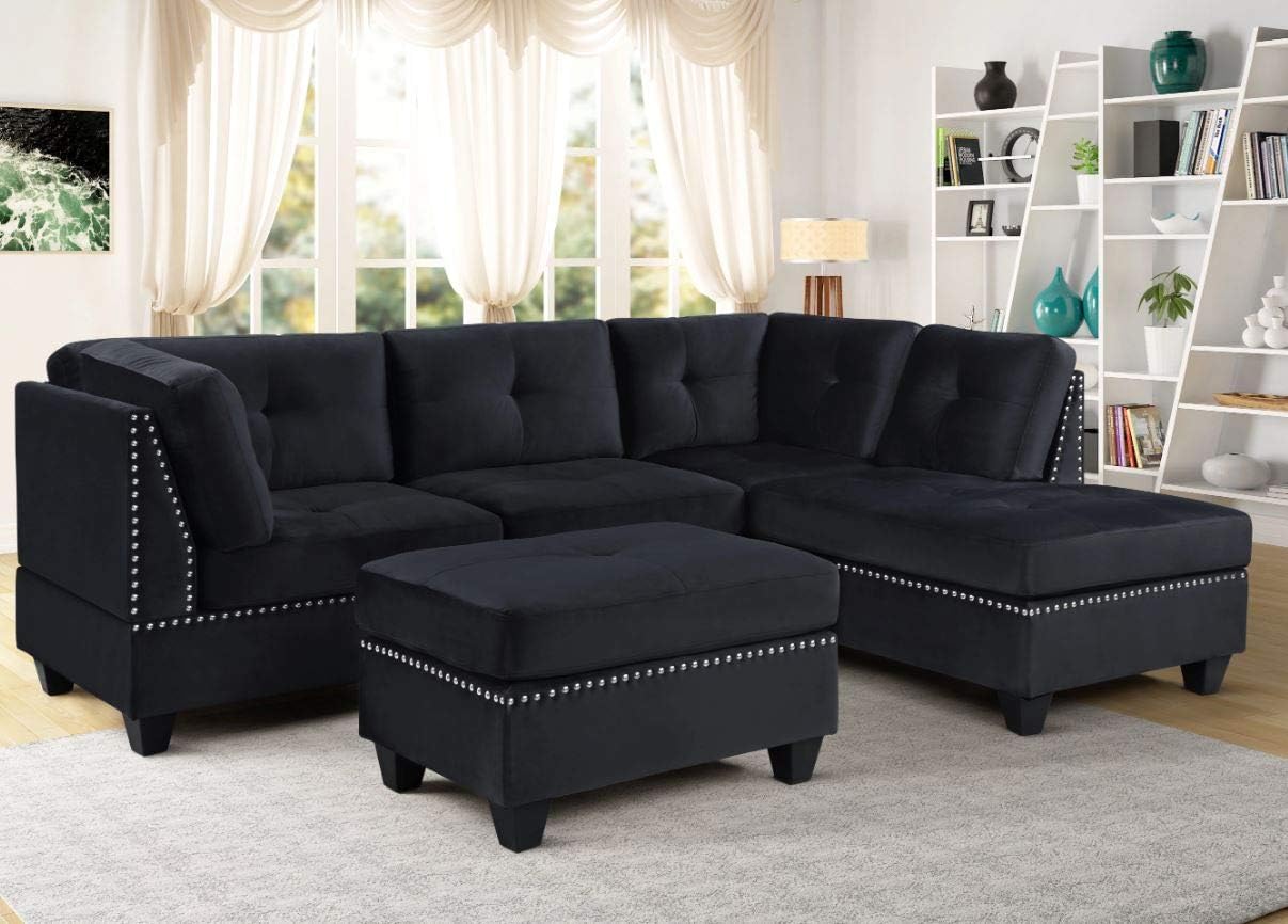 Carrara Sectional Sofa in Velvet with Free Matching Ottoman (Black)