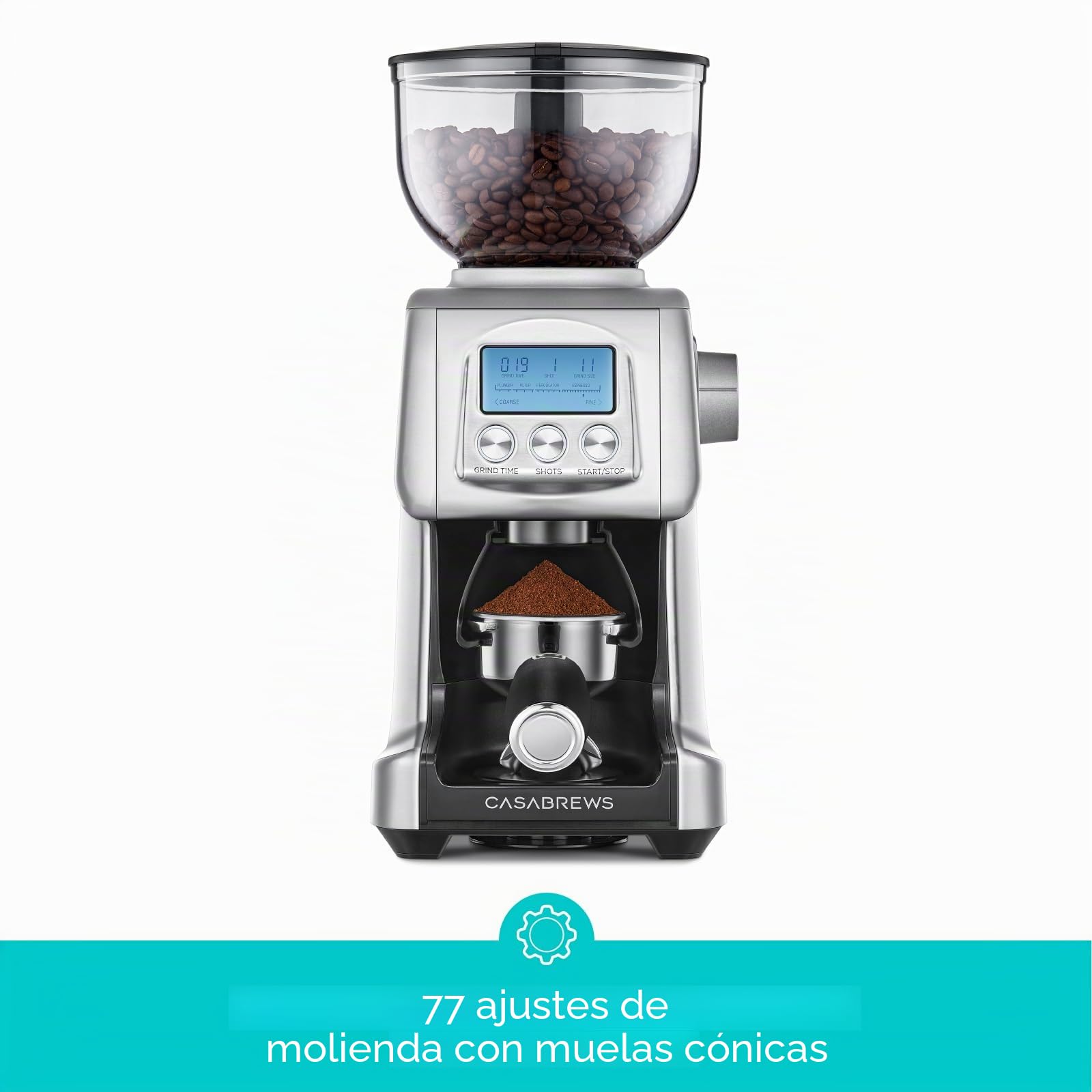 CASABREWS Molinillo de Café Eléctrico con 77 Niveles de Molido, Muelas Cónicas de Acero Inoxidable, Soporte Desmontable y Contenedor, Ajuste de Espresso a Prensa Francesa