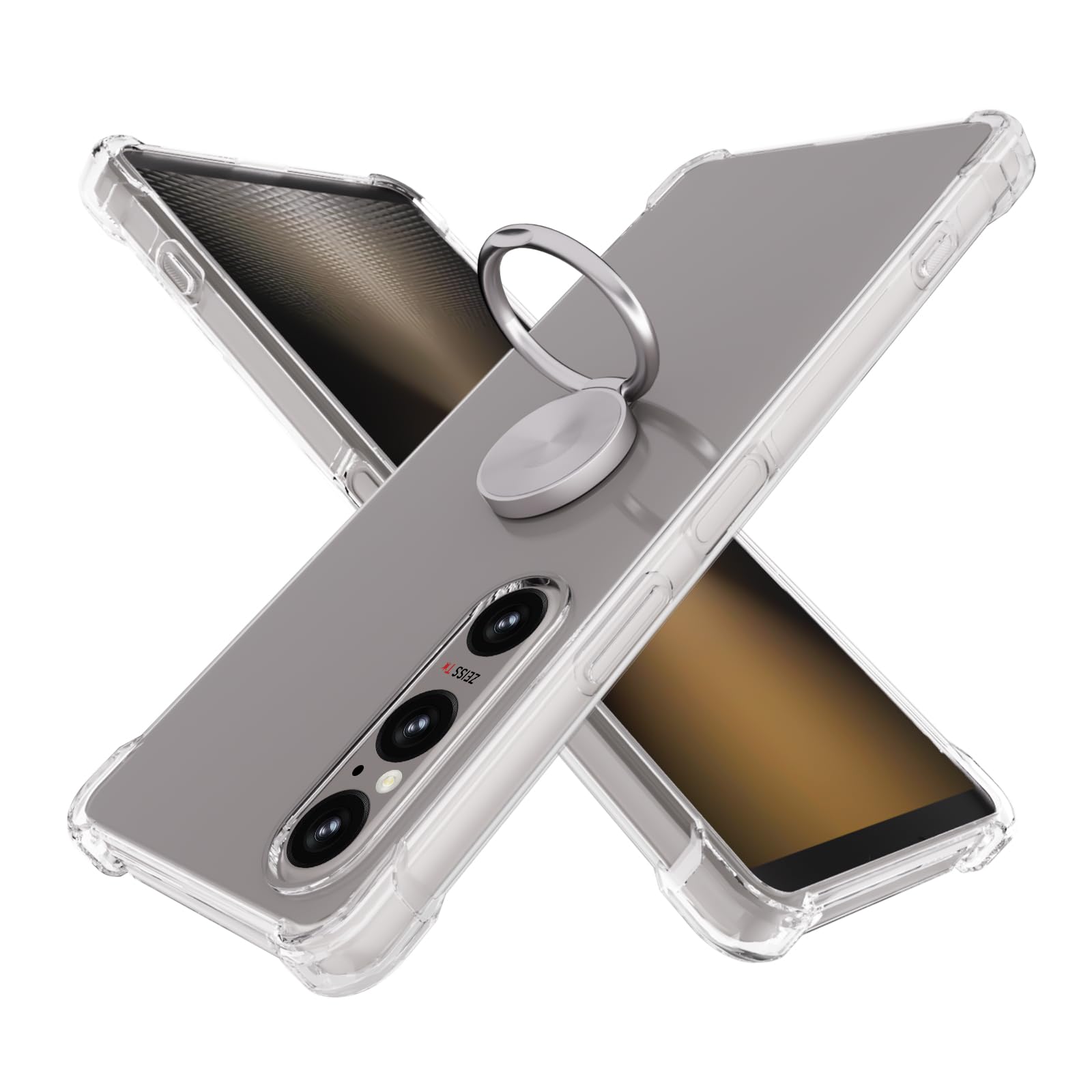STARRYNOVA Coque Compatible avec Sony Xperia 1 VI, Anneau Béquille Crystal Clear Silicone Etui, Anti-Chute aux Quatre Coins Transparent Protection Housse TPU Rotatif à 360 Bague Cover - Anneau Argent