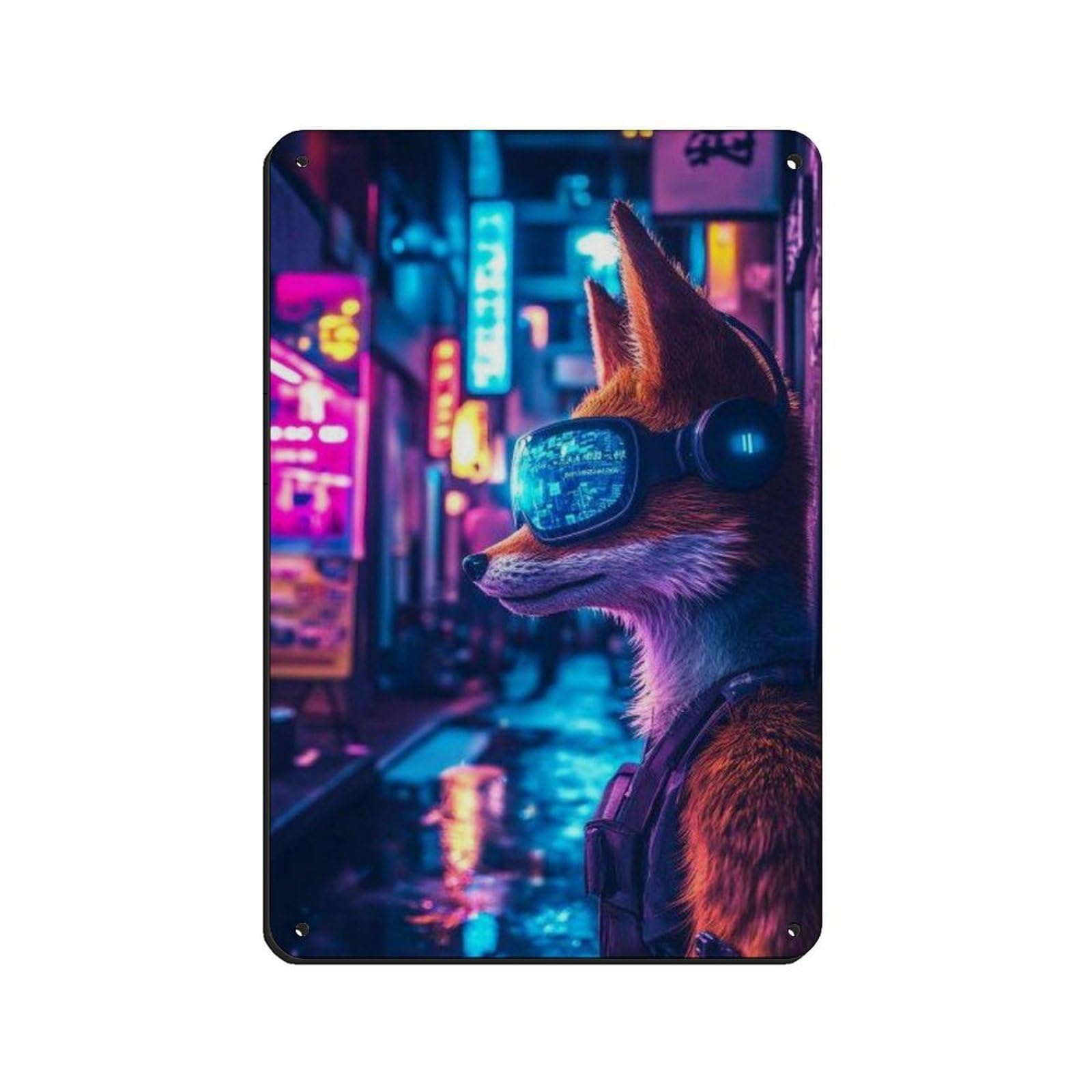 Cyberpunk Fox, Futuristic Animal Decor Retro Poster Metal Tin Sign Chic Art Retro Iron Painting Bar People Cave Cafe Family Garage Poster Wall Decoration 8x12inch(20x30cm)