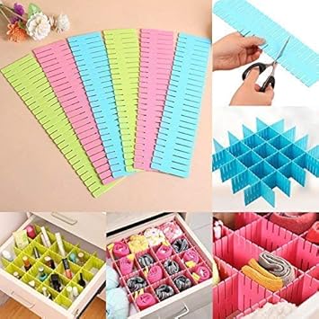 KBS Adjustable Stretchable Interlocking Drawer Clapboard Divider/Grid Closet Sorting Partition/Plastic Strips Separators Cabinet Storage Box Socks/Makeup,1 Set of 6 Pc, Multi Color