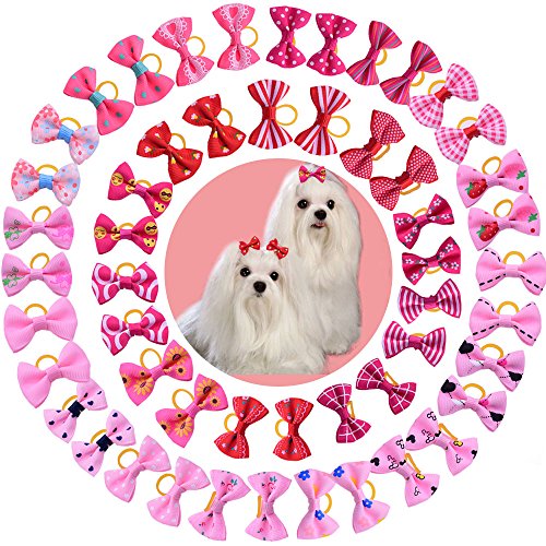 yagopet 50pcs/25 Pairs New Dog Hair Bows Red Rose Pink for Girls Dog Topknot with Rubber Bands Durable Small Bowknot Pet Grooming Products Accessories