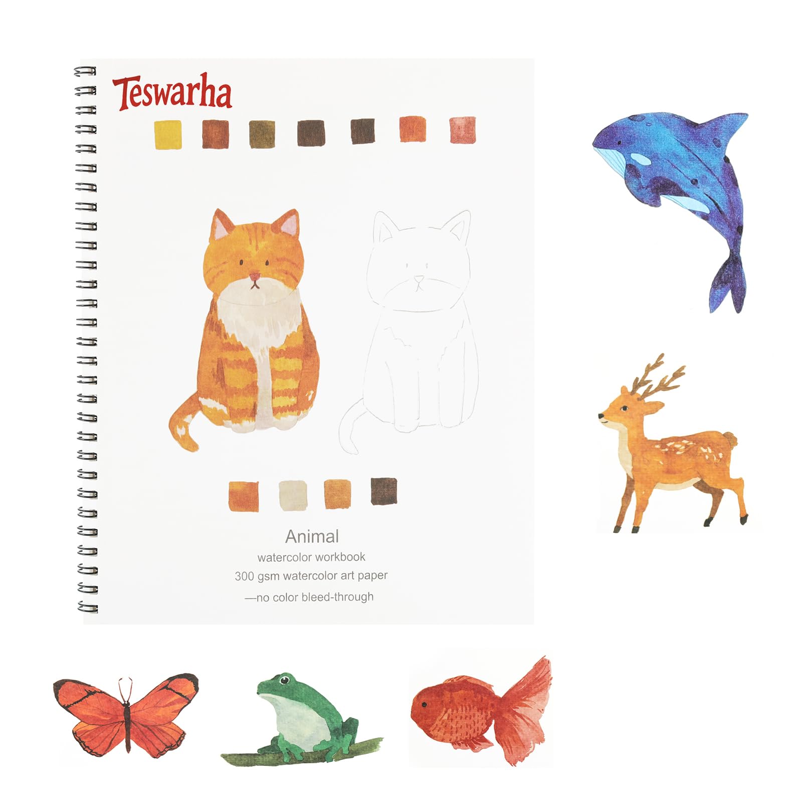 Teswarha Watercolor Workbook Using Thick Real Cotton Watercolor Paper for Adults Teens Spiral Bound 300GSM Art Paper 12 Sheets Animals 8.2 x 9.8in