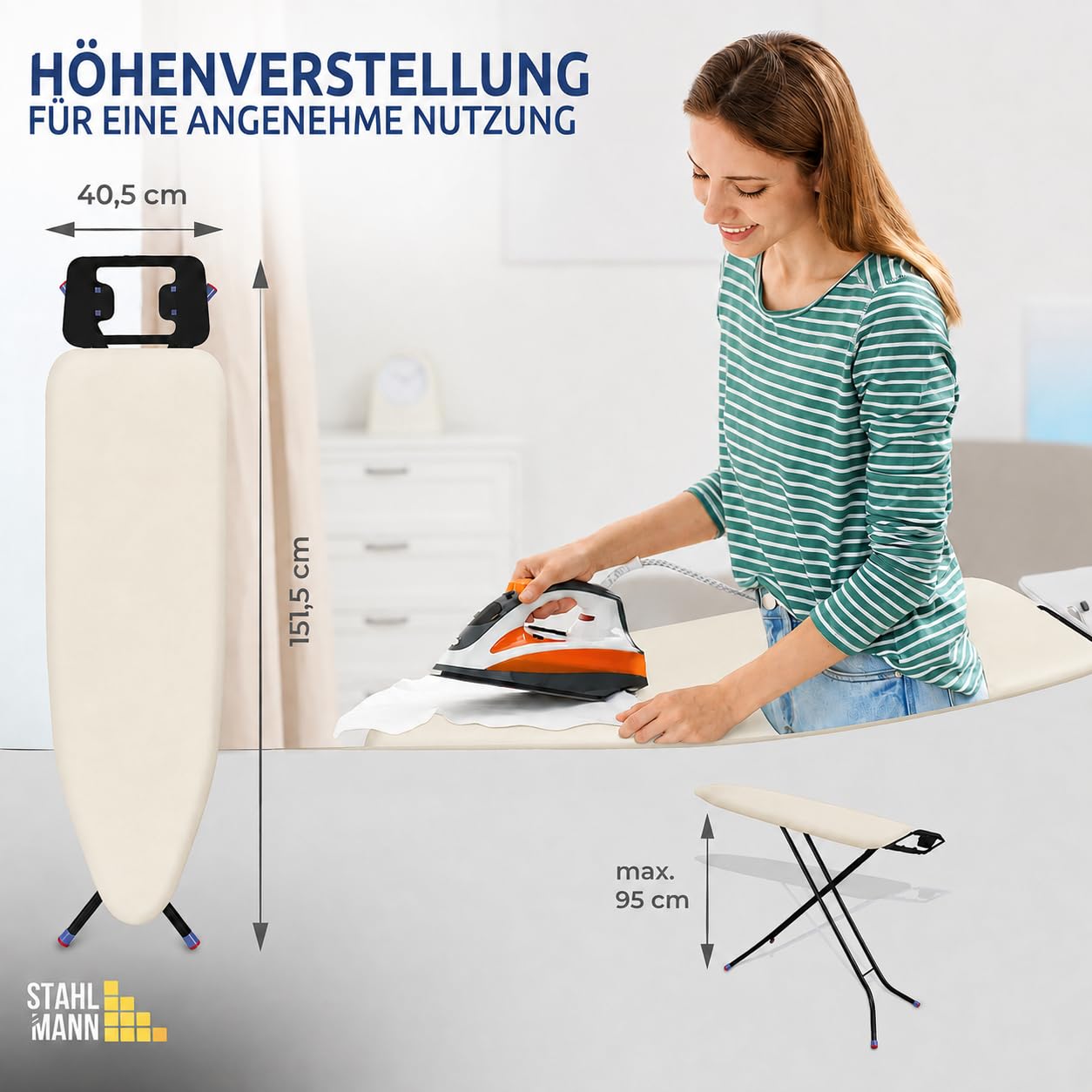 STAHLMANN® Bügelbrett beige [114x34 cm] höhenverstellbar & klappbar