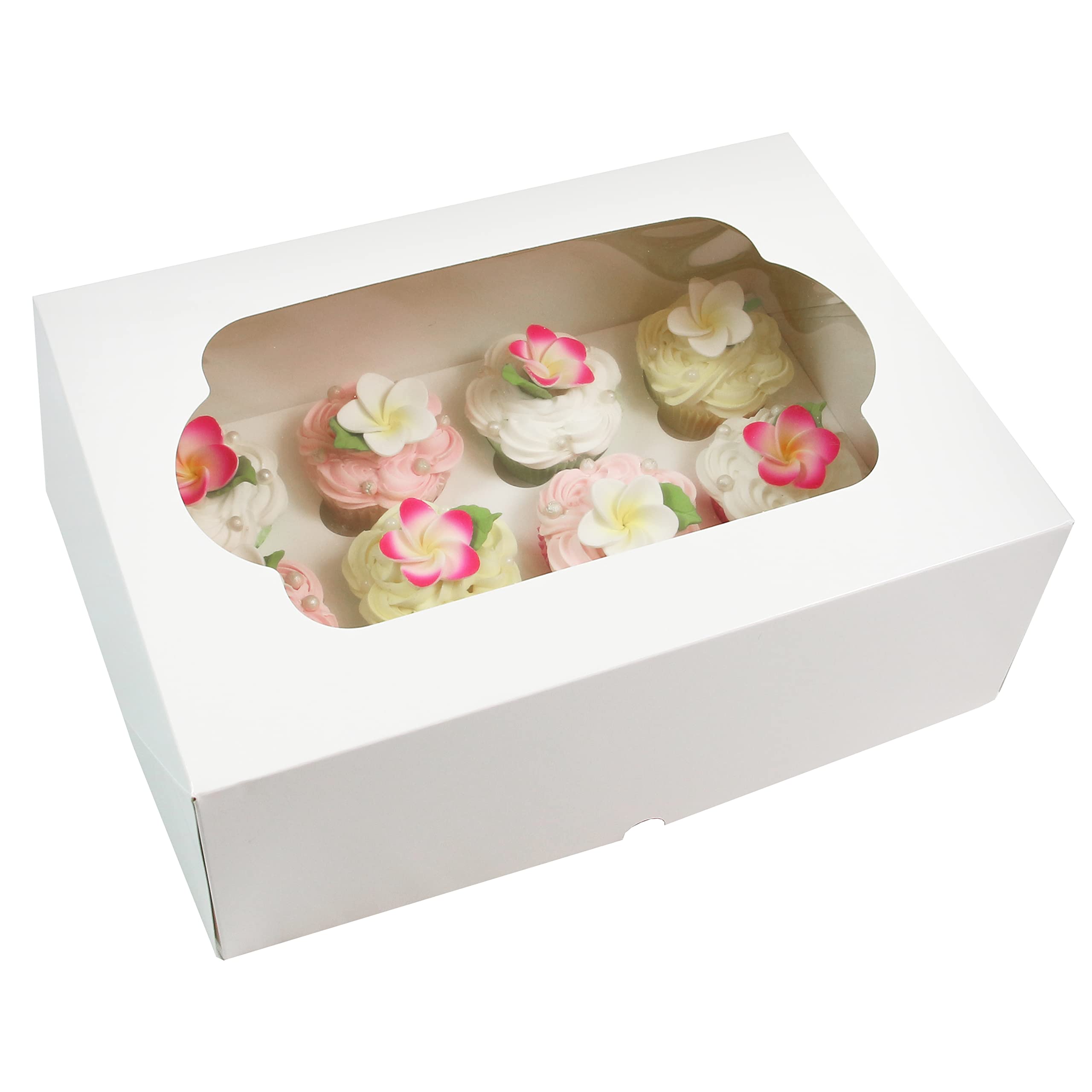 Global Sugar Art Auto-Popup - Caja para tartas y cupcakes extra profunda con ventana e inserto para cupcakes, color blanco, 14 x 10 x 5 pulgadas, 5 unidades