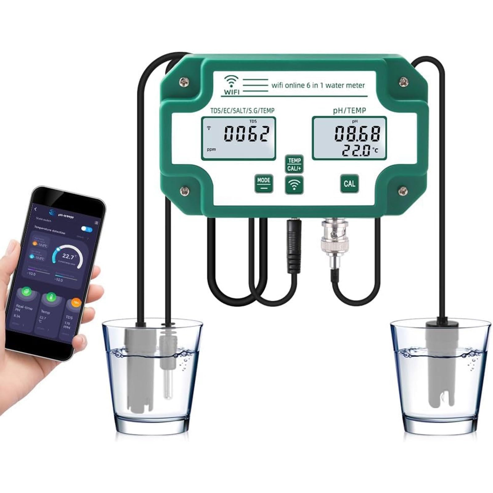 Wasserqualitätsmonitor, Digital WiFi PH EC TDS SALT SG Temperaturmessgerät Aquarium Analyzer Datenlogger für Labor und Hydrokultur