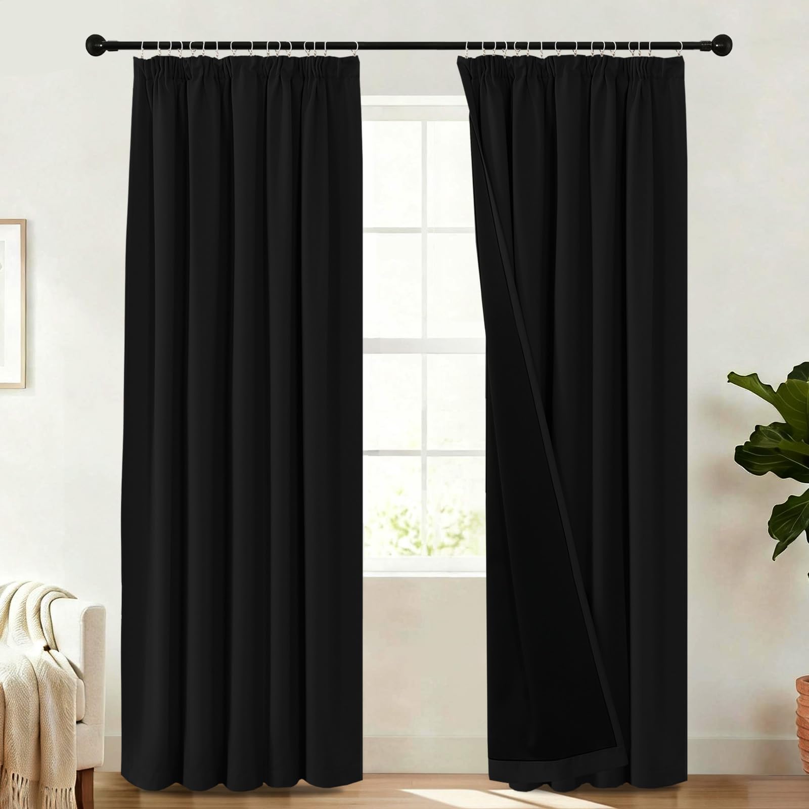 BellaHills 100% Blackout Curtains for Bedroom Thermal Insulated Curtains & Drapes for Living Room Black out Window Curtain Pencil Pleat Back Tab Rod Pocket 2 Panels, W90 X L90, Black โ image 1