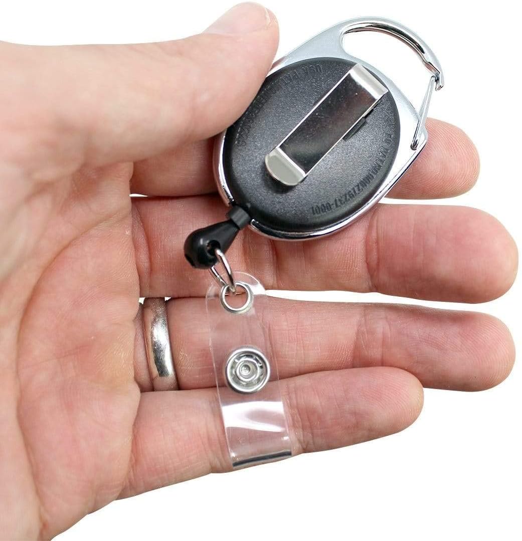 Specialist ID - Bulk 100 Pack Premium Oval Badge Reel with Carabiner & Belt Clip - Retractable ID Holder with Vinyl Strap Clip for Access Key Card, Keychain or Name Tag (Black)