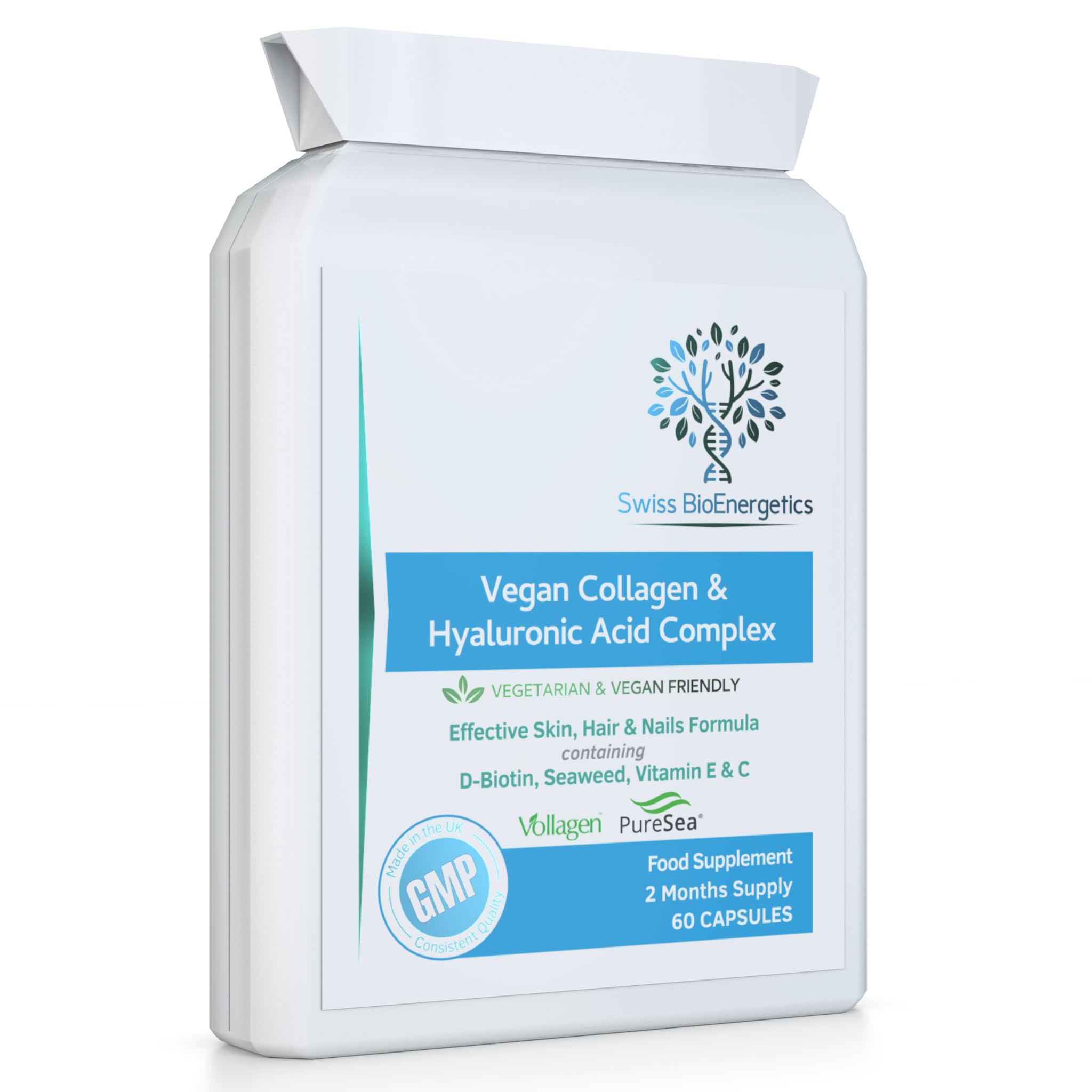 Vegan Collagen & Hyaluronic Acid Complex - 60 Capsules - Effective Skin, Hair & Nails Formula with 500mg of Vollagen in The Exact Amino ratios of Human Collagen - D-Biotin, Seaweed, Vitamins E&C