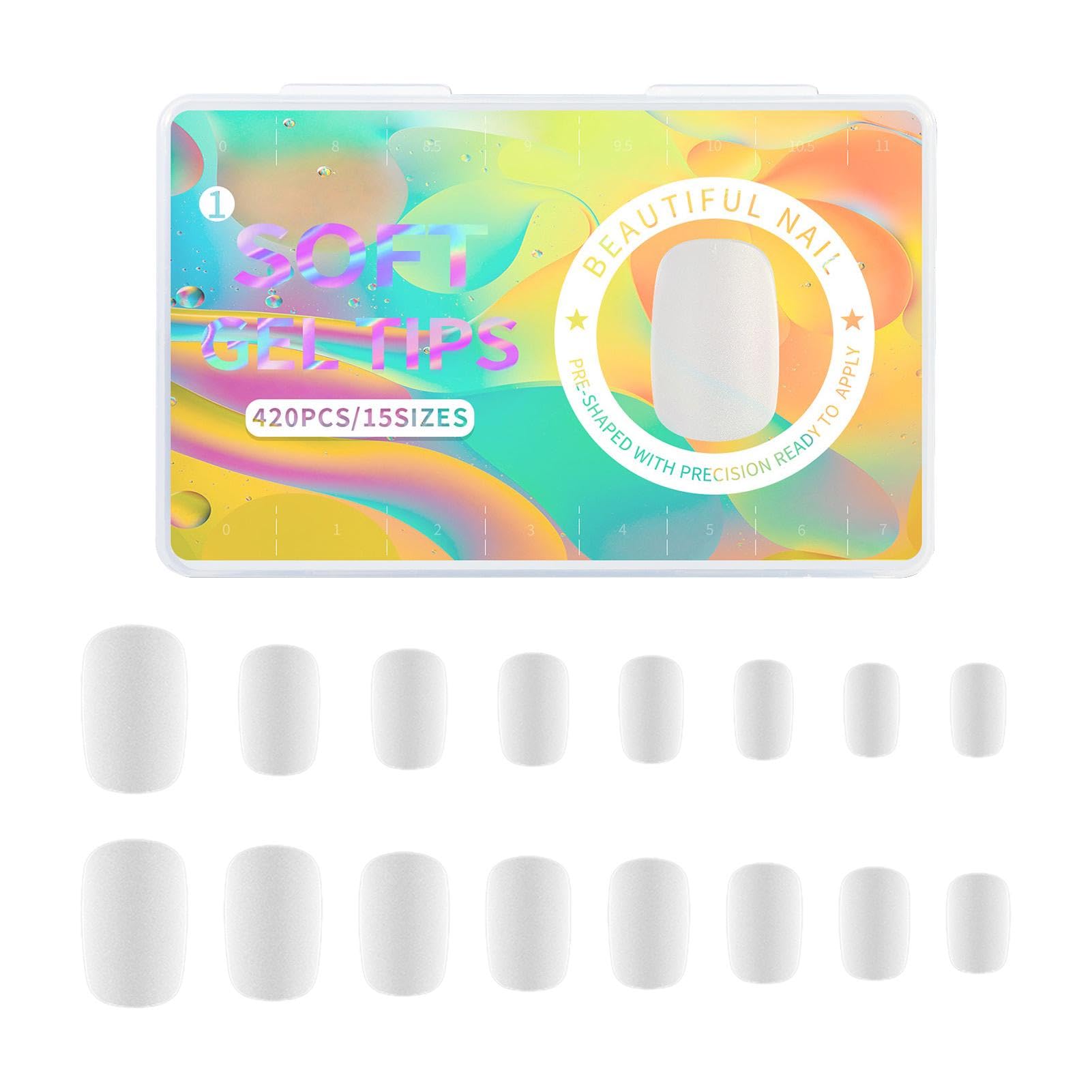 Beetles Gel Nail Tips, 420 Pcs Extra Short Oval Nail Tips, Pre-shaped Matte Short Square Nails, 16 Size Full Cover Soft Gel Tips, No Filed & Soak Off DIY False Nails Tips for Nail Extensions