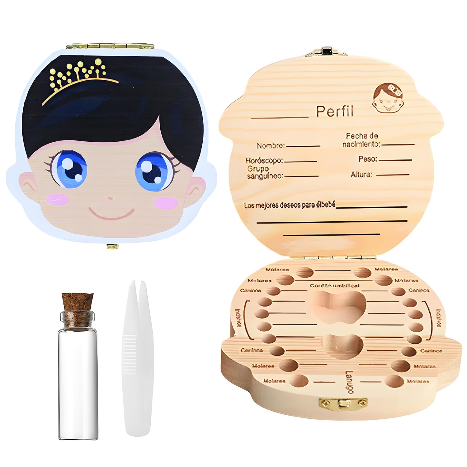 GeekerChip Caja Dientes de Leche Niña en Español,Cajita Madera Guardar Dientes,Caja de Dientes de Madera para Niños,Pinzas, Botecito,Regalo Niña 5 6 7 8 9 Años
