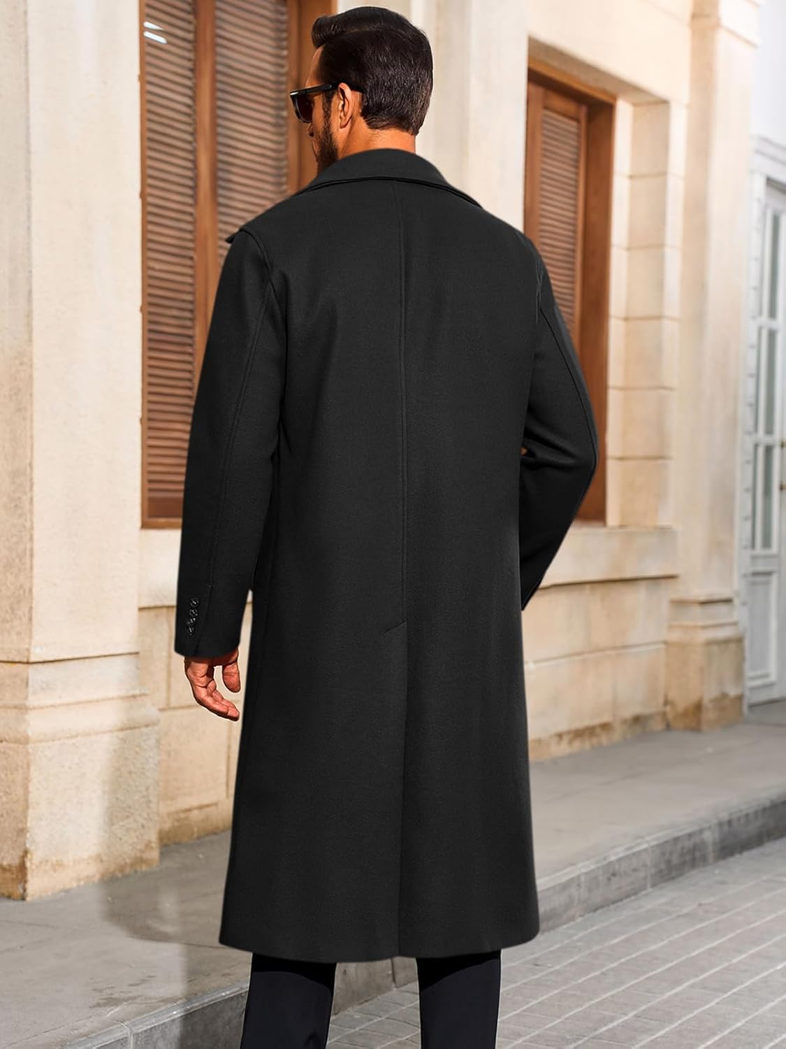 Rear View of Runcati Men's Black Long Overcoat