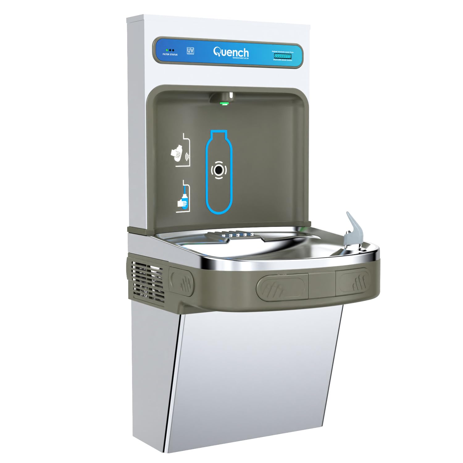 Washroom Hub Grey Quench Wall Mounted Mains Fed Water Bottle Filling Station And Drinking Fountain - Perfect For Offices, Gyms, Schools & More - Hands Free Water Dispenser And Water Bottle Filler (Grey)