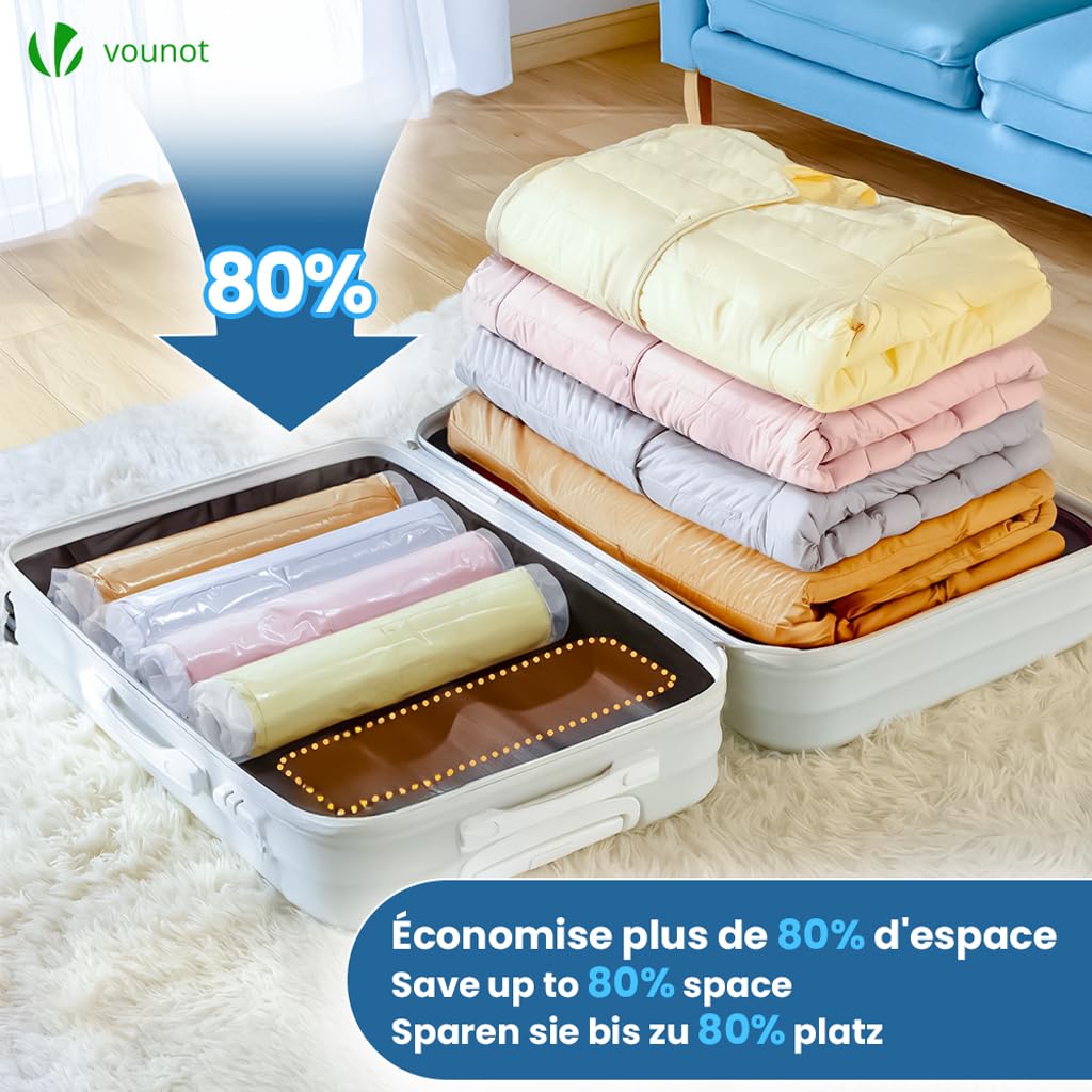 VOUNOT® Sacchetti Sottovuoto Vestiti, 12 Pezzi Sacchetti Salvaspazio Riutilizzabili con Pompa per Lenzuola, Piumoni, Cuscini, Coperte, Viaggi