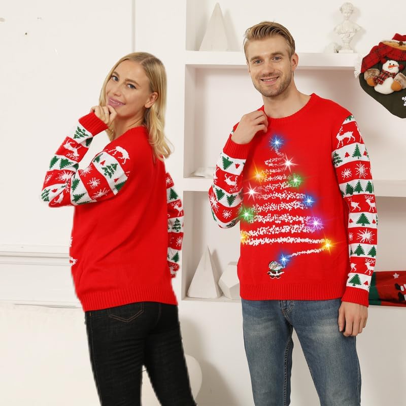 FWV Ugly Christmas Sweater for Women Men,Light up Christmas Sweater,Unisex Cute Xmas Tree Funny Holiday Ugly Sweaters Xmas for Couples Set Red