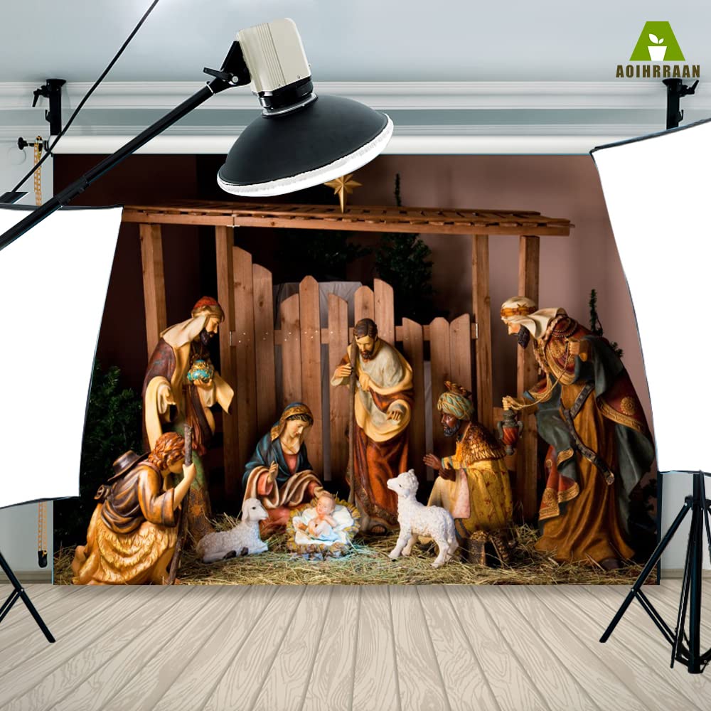 Aoihrraan 3x2m Nativity Scene Backdrop Birth of Jesus Sheep Religious Belief Shepherd Sculpture Photography Background Church Bible Story Belief Christian Believer Portrait Photo Studio Props - Image 4