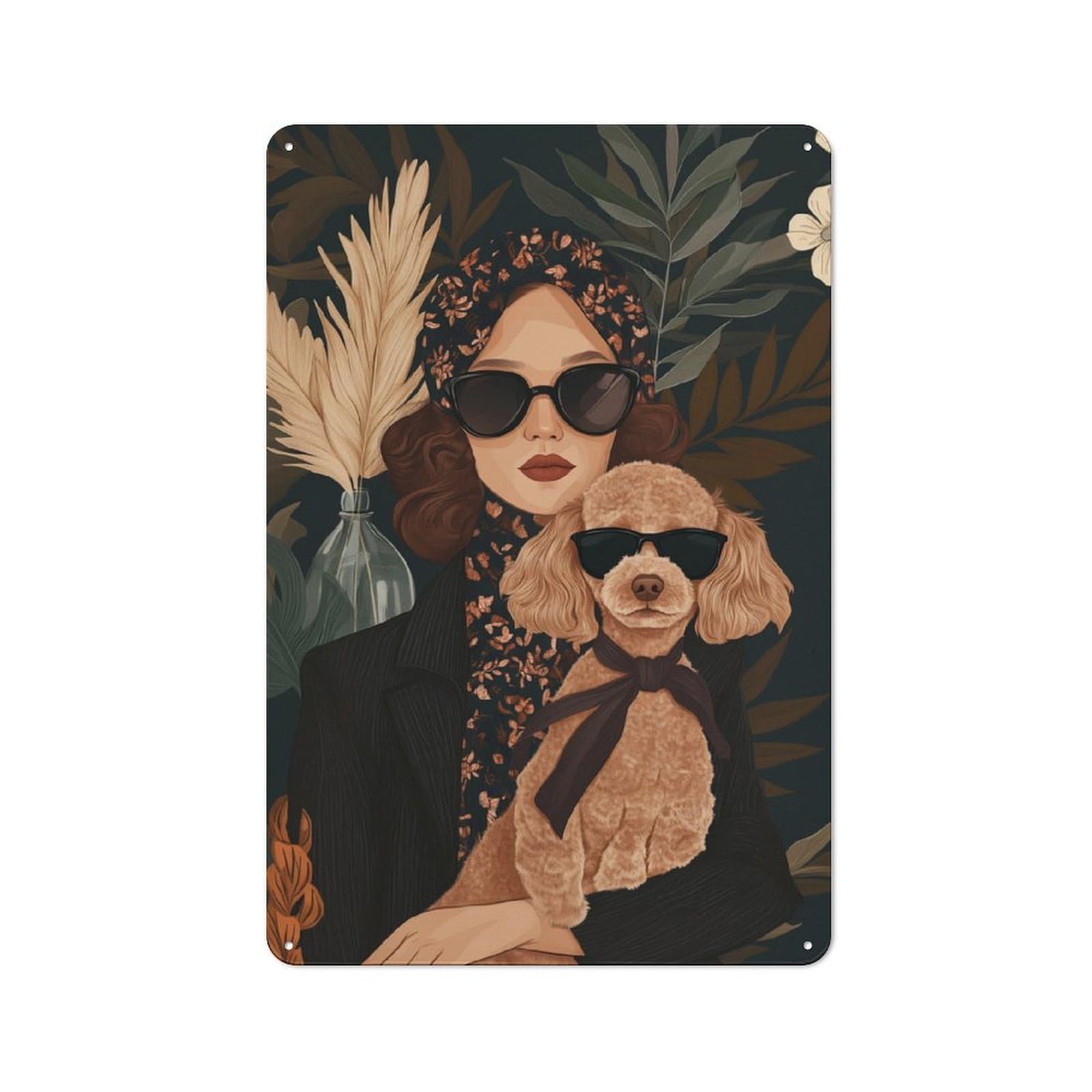 Jubonexis Woman And Dog Wearing Glasses Tin Metal Signs Wall Art Decorations for Bar Pub Club Cafe Room Farmhouse White 30x20cm