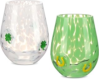 Mimorou 2 Pcs St Patrick's Day Icon Juice Glass 14 Ounce Shamrock Lucky Clover Themed Drinking Cocktails Glasses for Party, Double Old Fashioned Reusable Cups for Irish Home Bar Decor Lovely Gifts