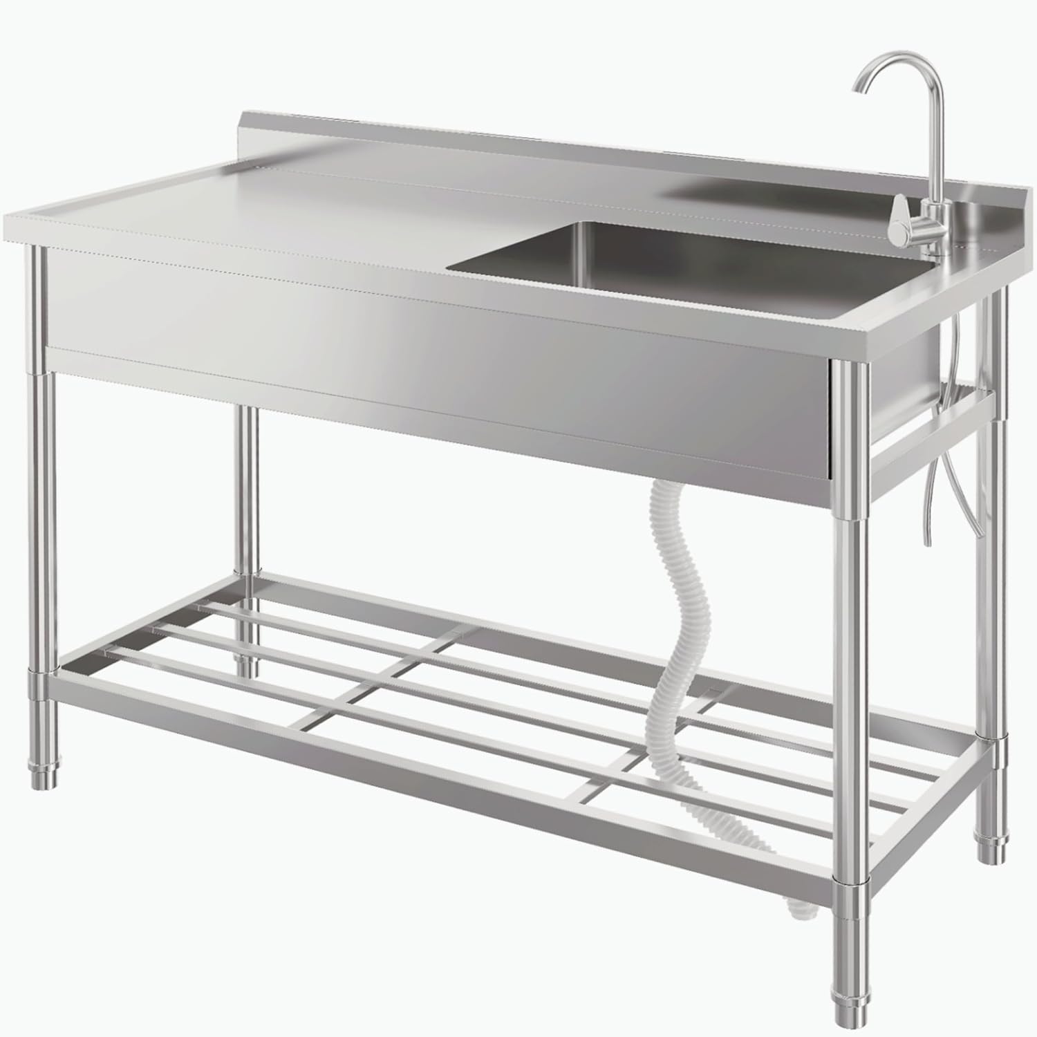 24 Inch Free Standing Sink, Single Bowl Stainless Steel Utility Sink with Cold/Hot Water Pipe, Storage Rack, Faucet and Adjustable Legs, for Laundry Room, Kitchen, Garage, Outdoor Use, NSF