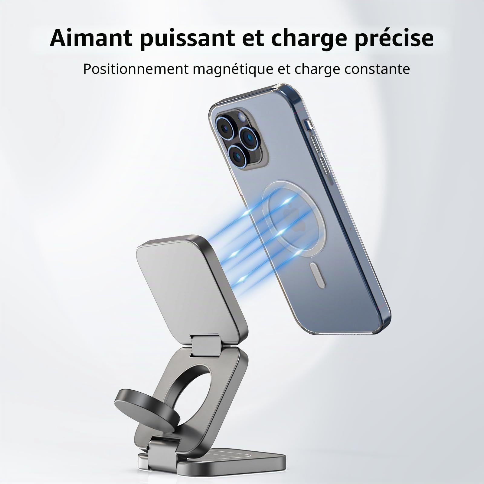 KU XIU X55 Station de Charge pour Magsafe, Chargeur sans Fil Pliable 3 en 1, 15W Support Chargeur Induction Magnétique pour iPhone 17-12, 5W pour Apple Watch & AirPods, 30W Adaptateur Inclus, Gris