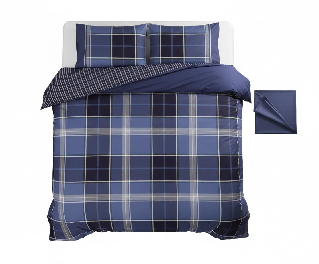 Rapport Home Tartan Check Duvet Cover & 2 Pillowcases Set, Double Blue