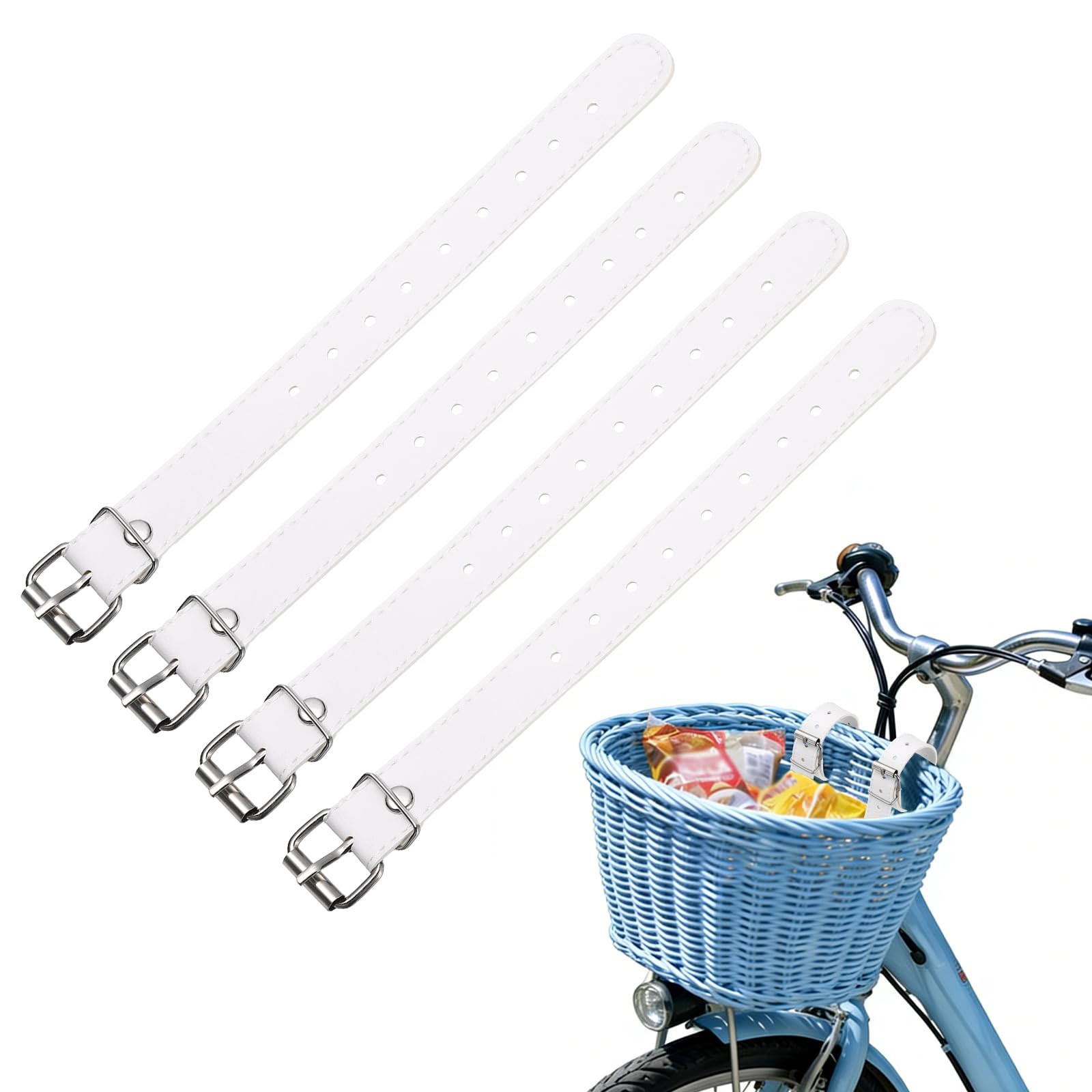 YELARXI Bicycle Basket Strap, Adjustable Bike Front Baskets Leather Straps Detachable Securing Straps 4 Pcs & White-Fitting for (Most Bikes/Tricycle/Scooters)